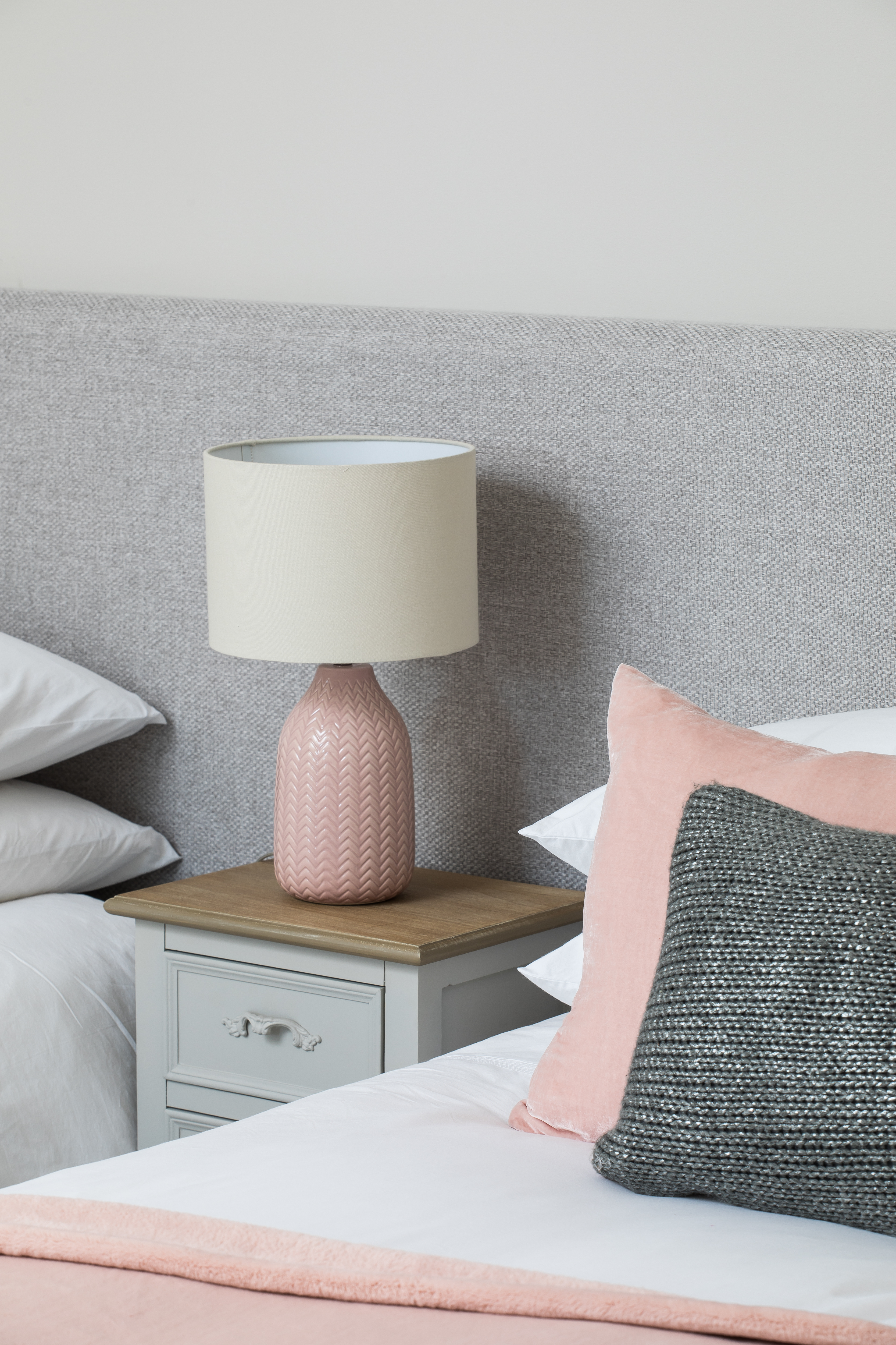 dusky pink and grey guestroom