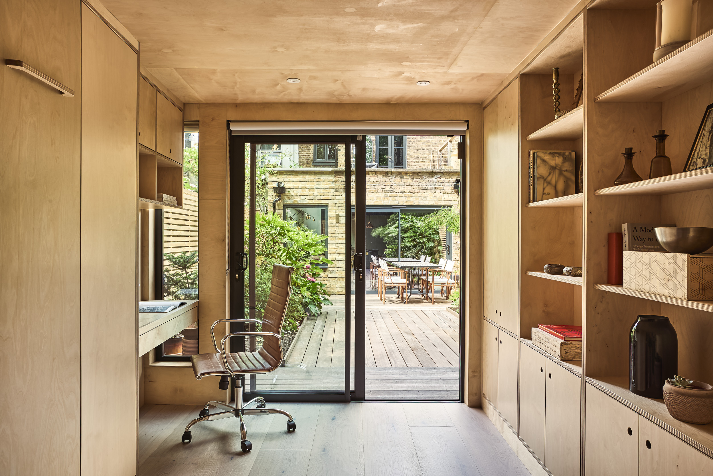 Birch plywood shed for calm work environment