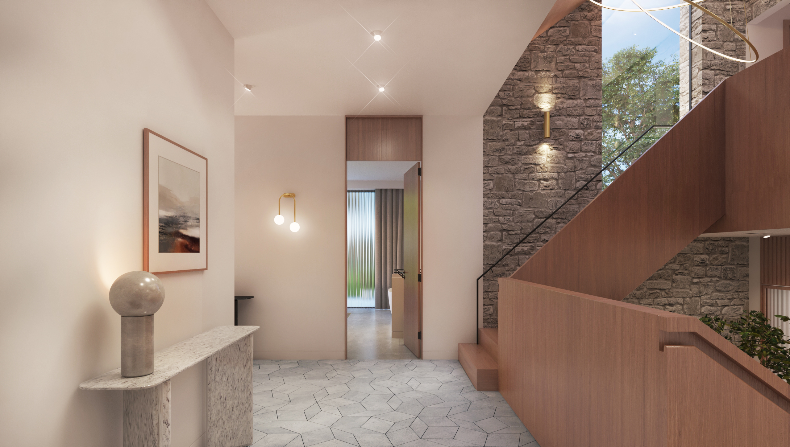 Entrance hallway with cherry wood staircase