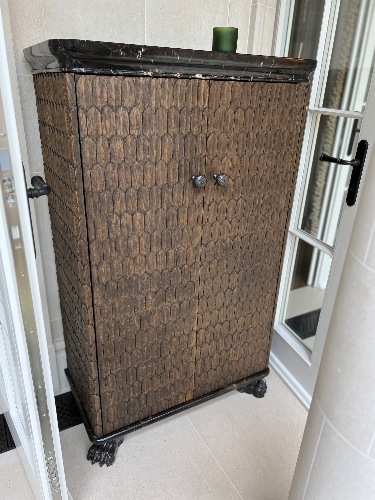 Carved solid and veneer wood cabinet, with marble top and carved marble legs