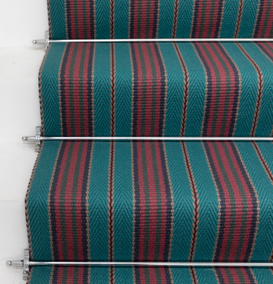 Striped stair runner with chrome ball end stair rod