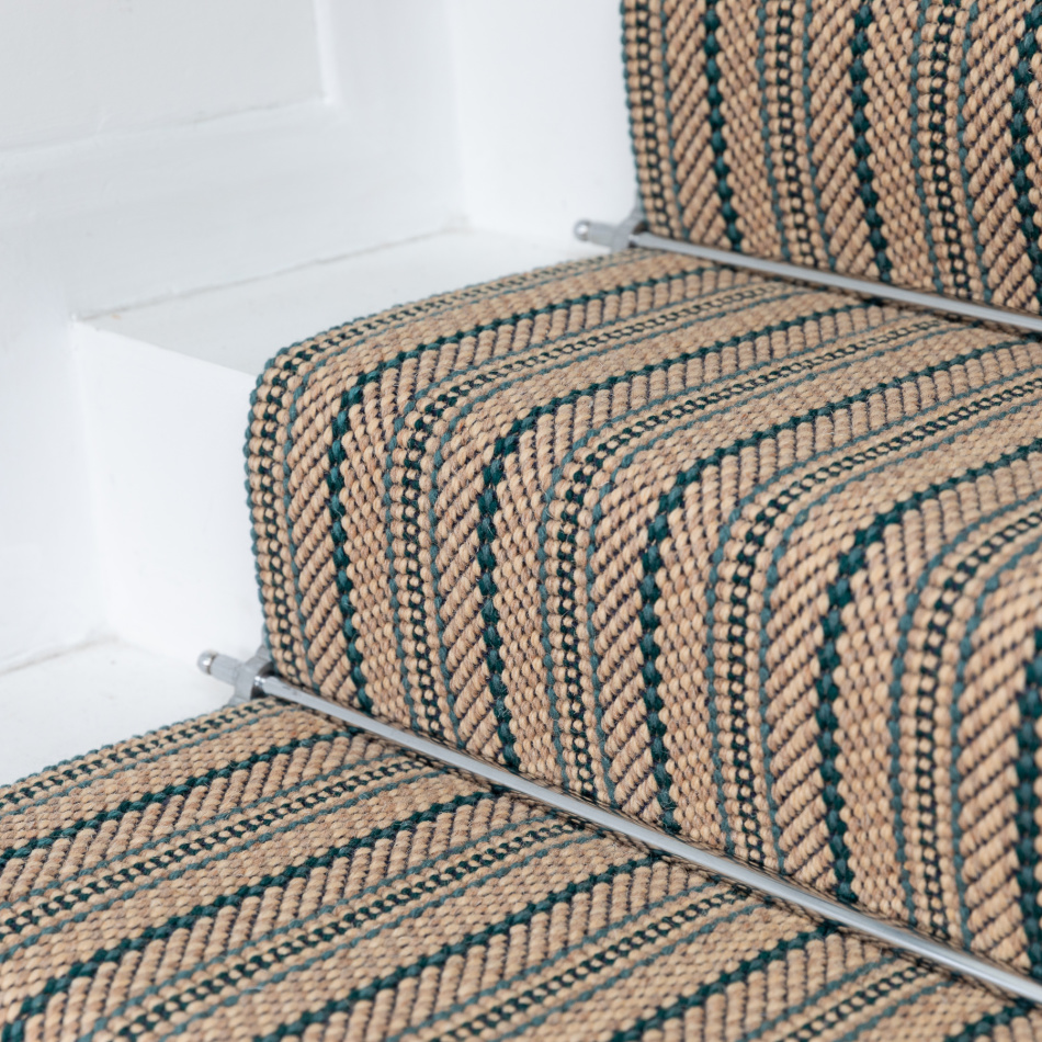 Natural and green striped stair runner with stair rod