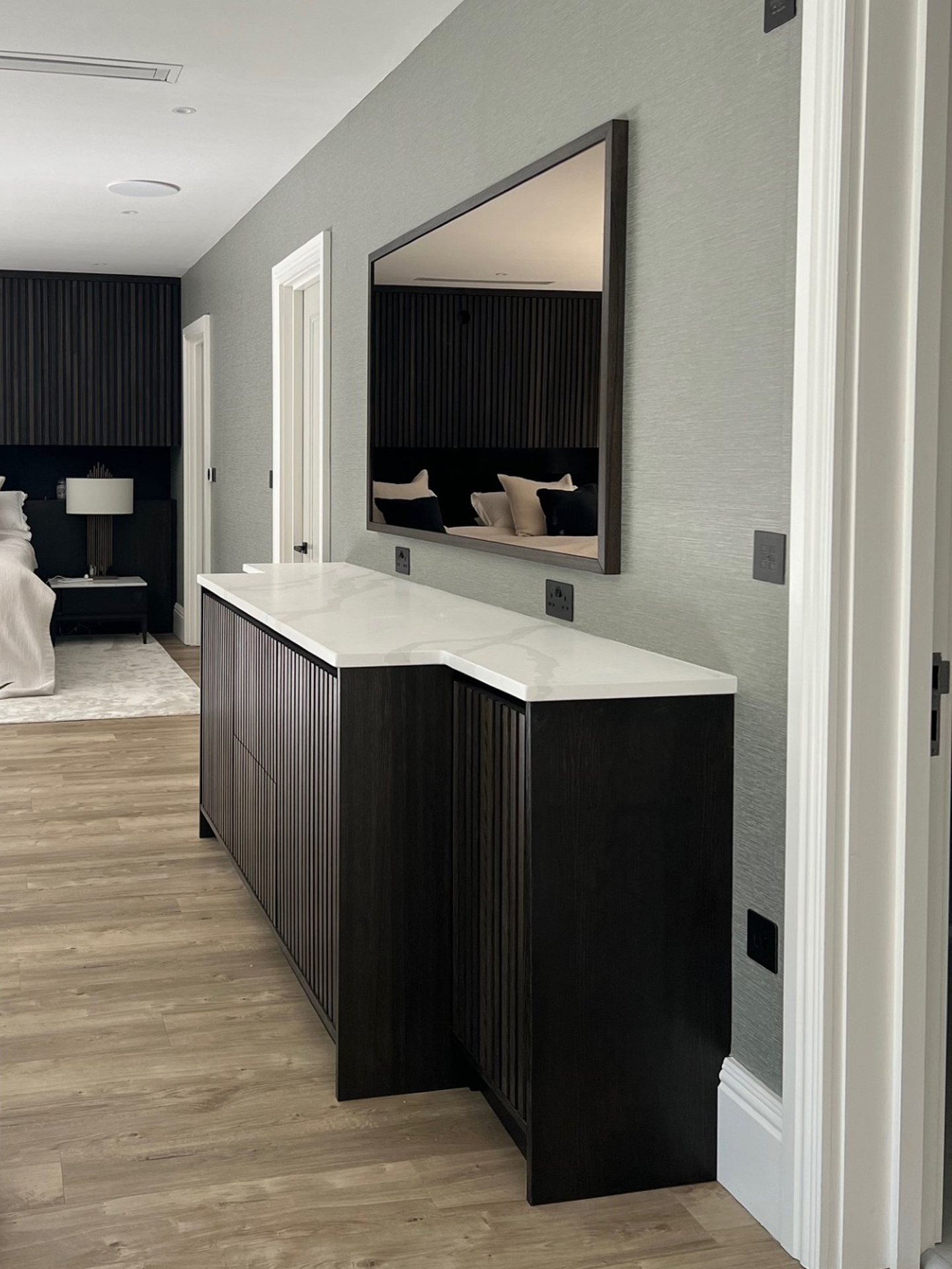 master bedroom coffee station with stone top