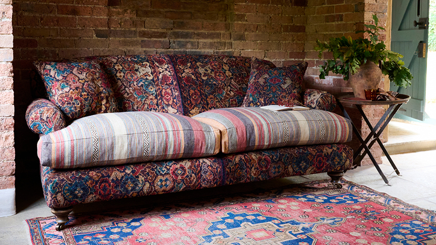 Sofas & Stuff | Hampton 3 seater sofa in Ralph Lauren Main Lodge Rug Jewel and Ralph Lauren New Blue Mesa Stripe Clay