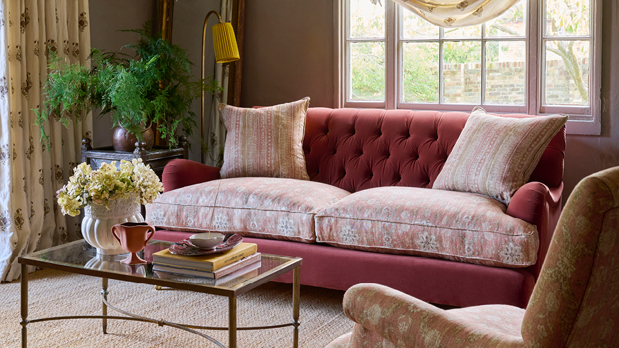 Sofas & Stuff | Chiddingfold 3 seater sofa in Omega Tawny Velvet and V&A Threads of India Regal Arabesque Flame with scatters in Sulawesi Splendour Jasper