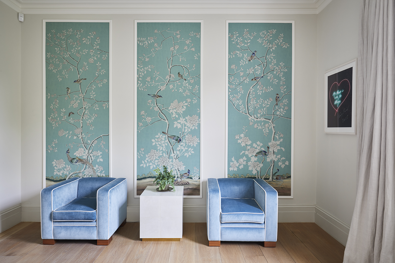 Master Bedroom armchairs with de Gournay wallpaper panels