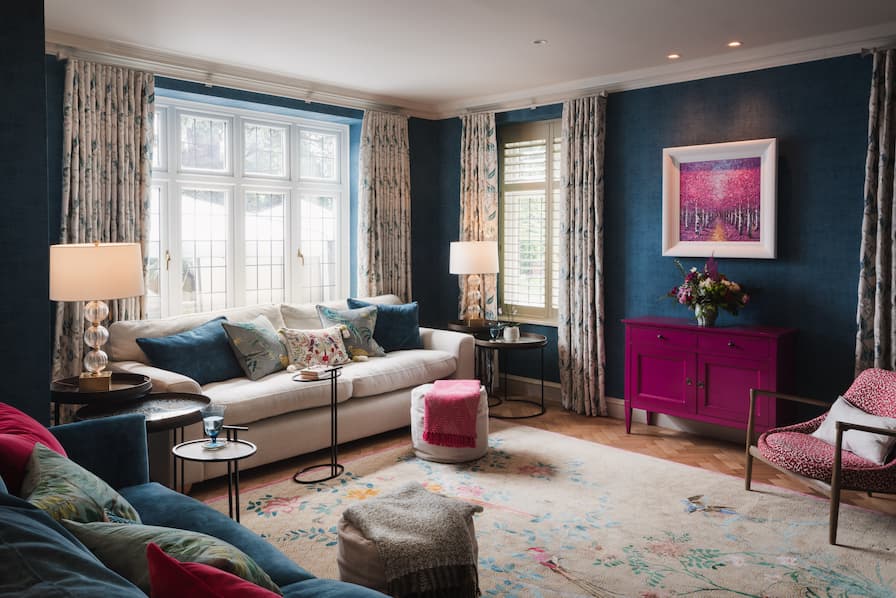 Turquoise and Pink Sitting Room with large floral rug and velvet sofas