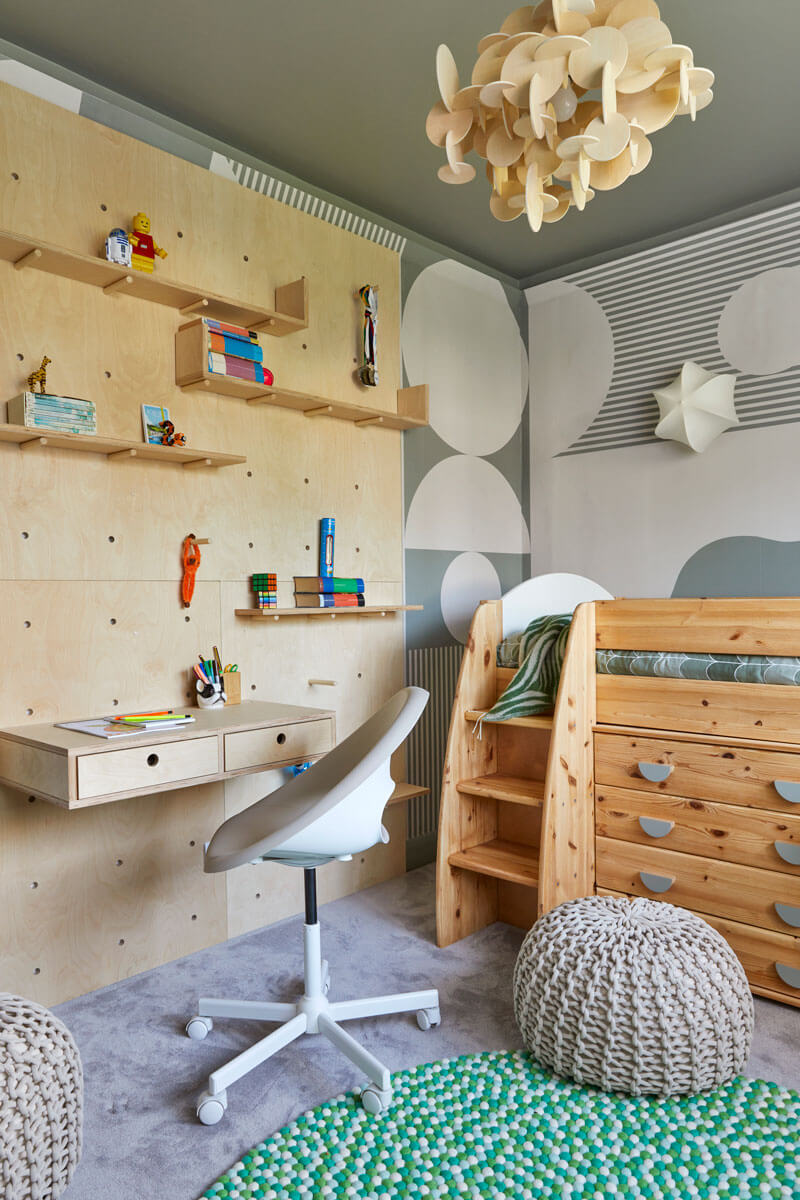 Tweenie Boy's Bedroom with abstract mural, storage bed and pendant & play desk