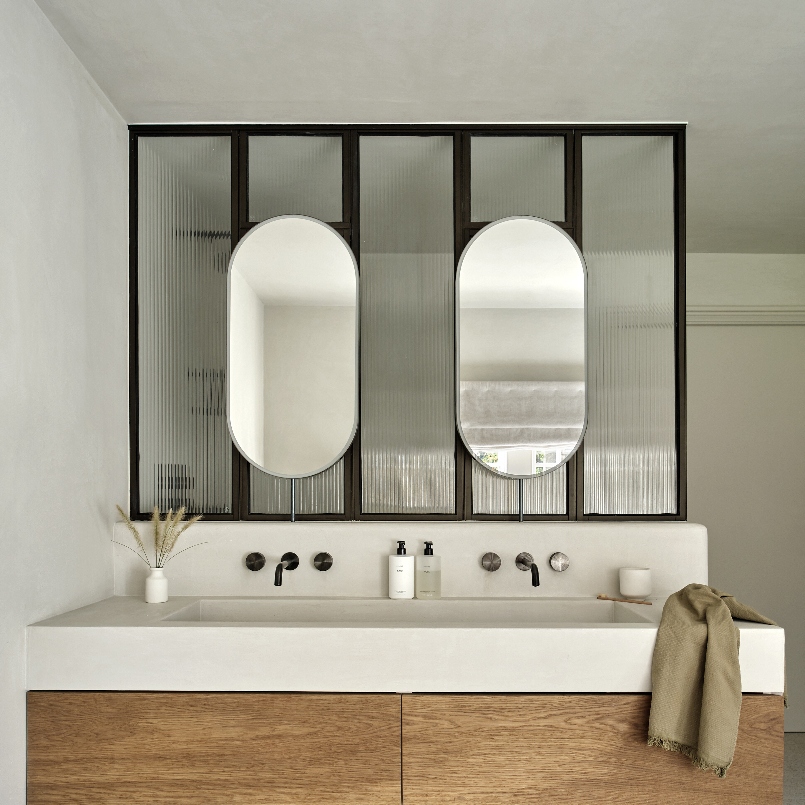 Capsula™  Countertop Mirrors with Blackened Stainless Steel & Illumination