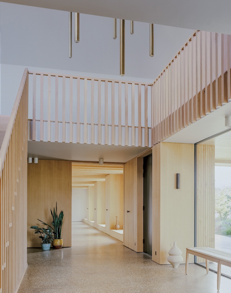 Contemporary Entrance and stair clad in wood