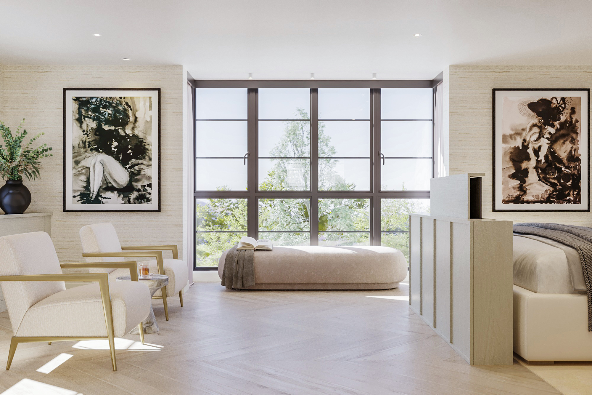View through the master bedroom suite out to the window. Two armchairs on the left hand side and bespoke bed on the right hand side with TV coming out of the end of the bed.