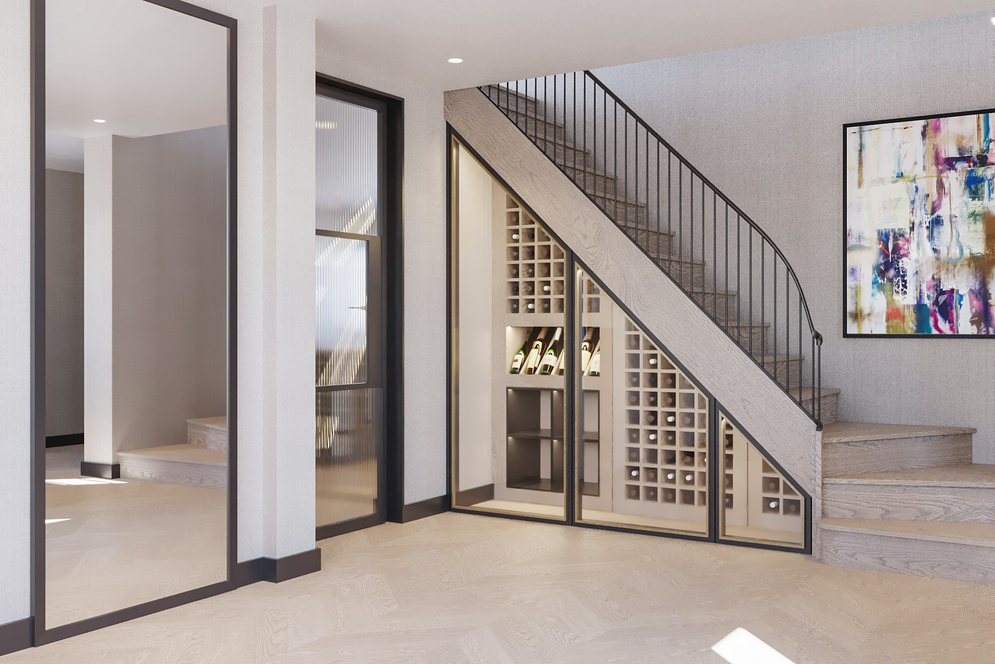 Mirror doors on the left hand side with temperature controlled wine storage under the stairs - glass front. Staircase with black hand rail and wooden cladding.