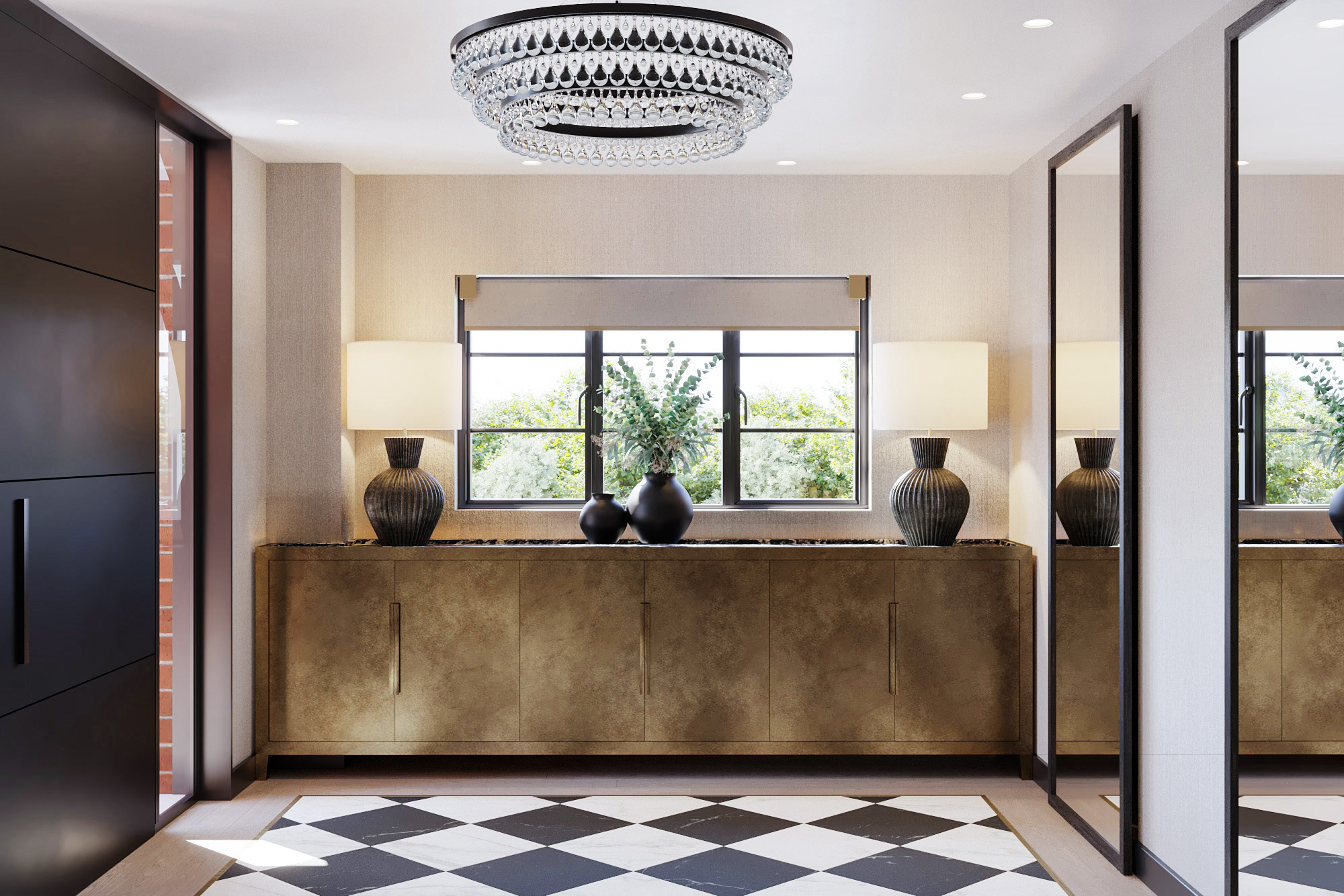 Chequered black and white floor with bronzed cabinet along the back wall. Mirrors as hidden doors on the right hand side.