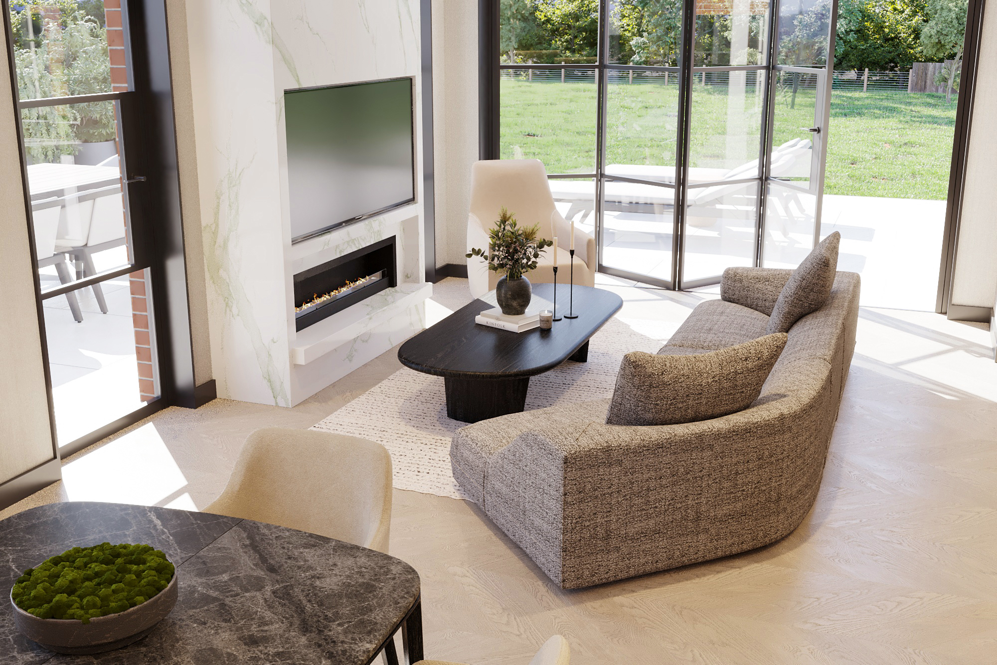 Living room area with TV on the wall and fireplace below. Contemporary style.