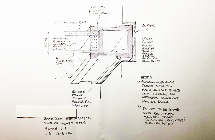 Section through sliding bronze door