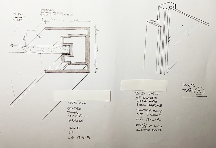 3D Sketch and Section Through Bronze Glazed Door