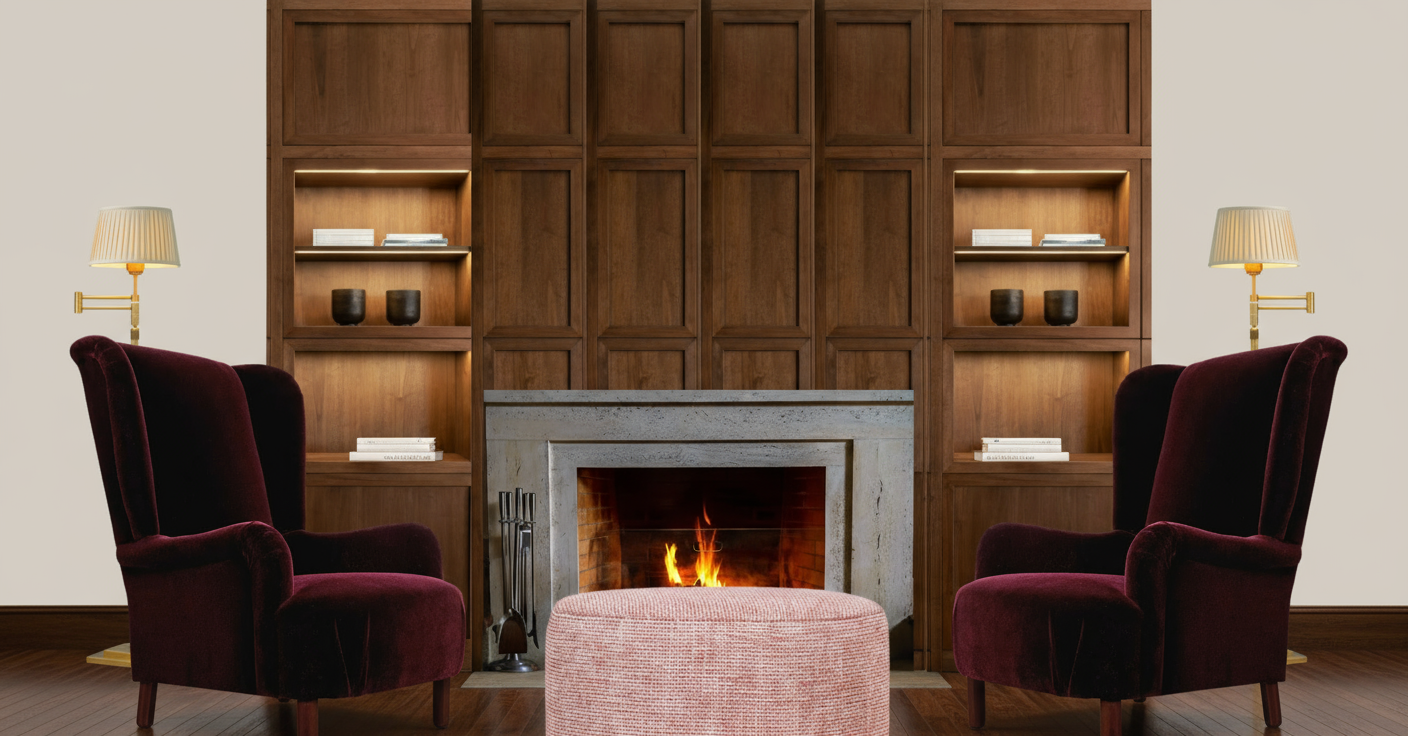 A warm, autumn-inspired interior with earthy tones, natural textures, and cozy, layered accents that evoke the calm of fall.