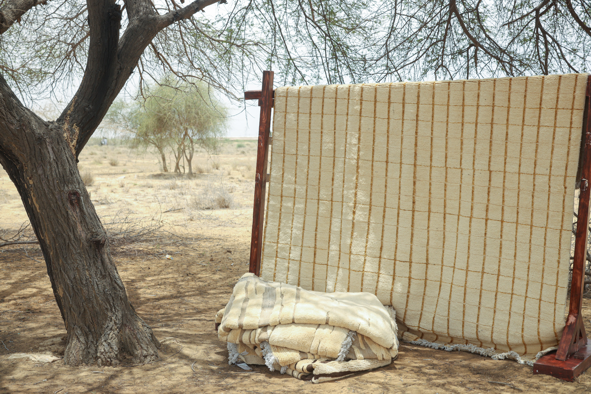 A hand-knotted rug from the Imaco Originals collection, featuring a textured, striped pattern in natural undyed cream and light brown wool, displayed vertically on a wooden frame outdoors next to a tree.