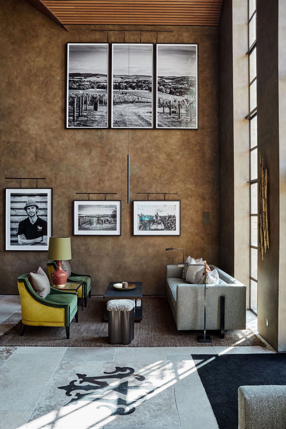 Seating are with art work on walls