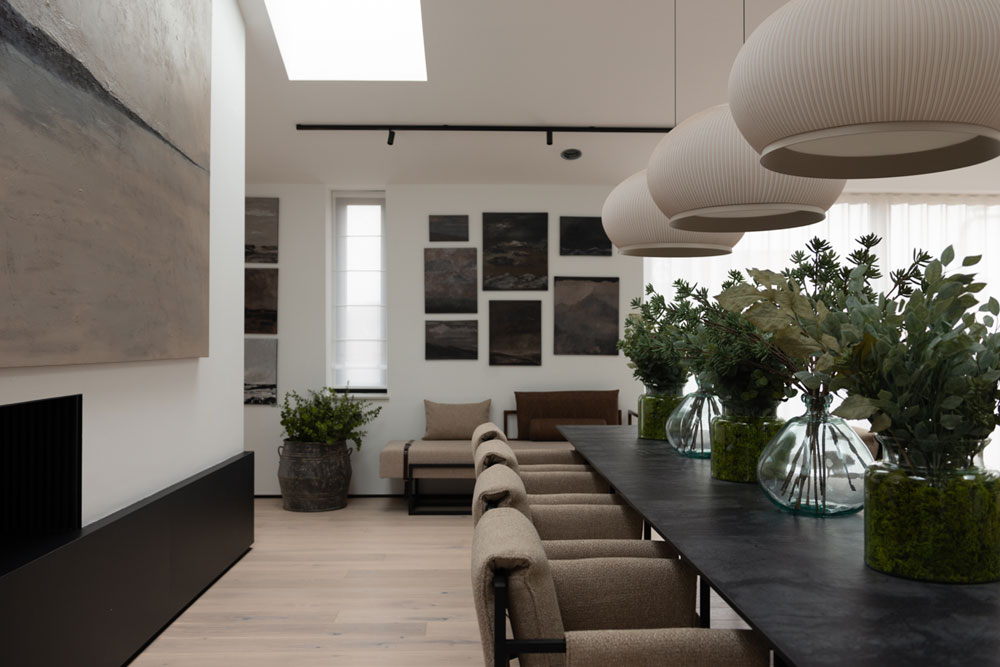 Dining area with fireplace.