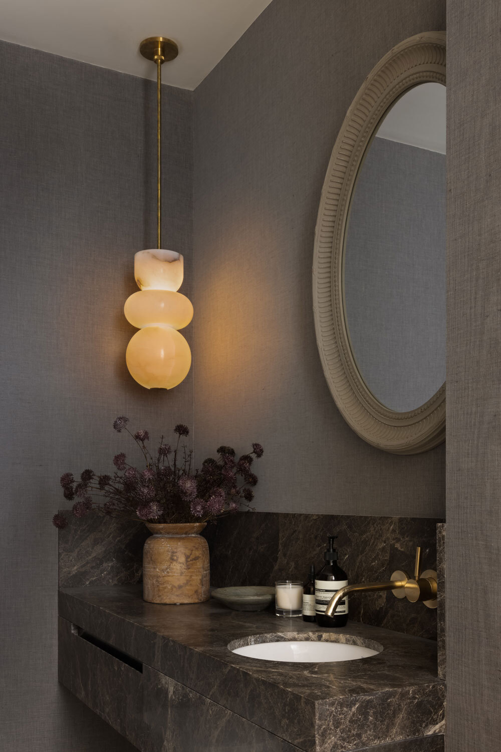 Bathroom sink with low hanging light