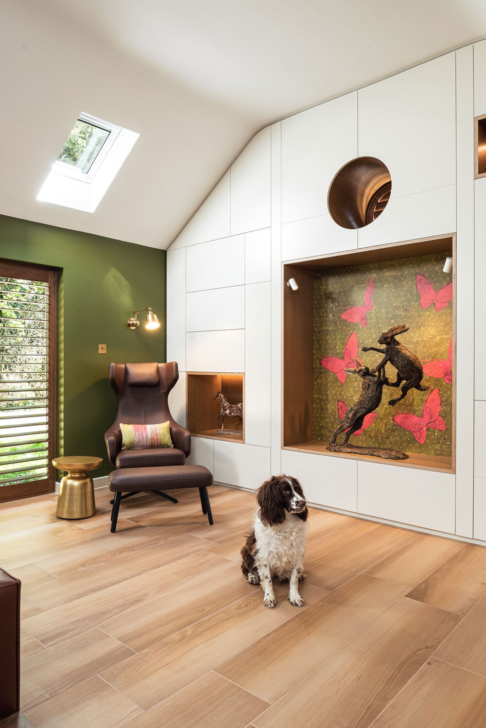 Storage behind chair and dog