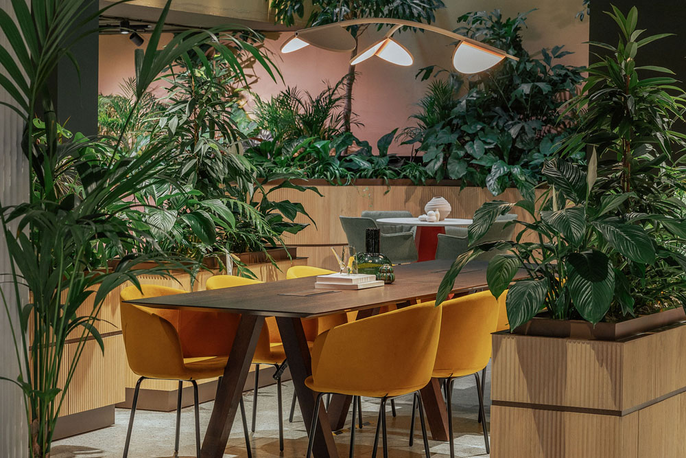 table with orange chairs.