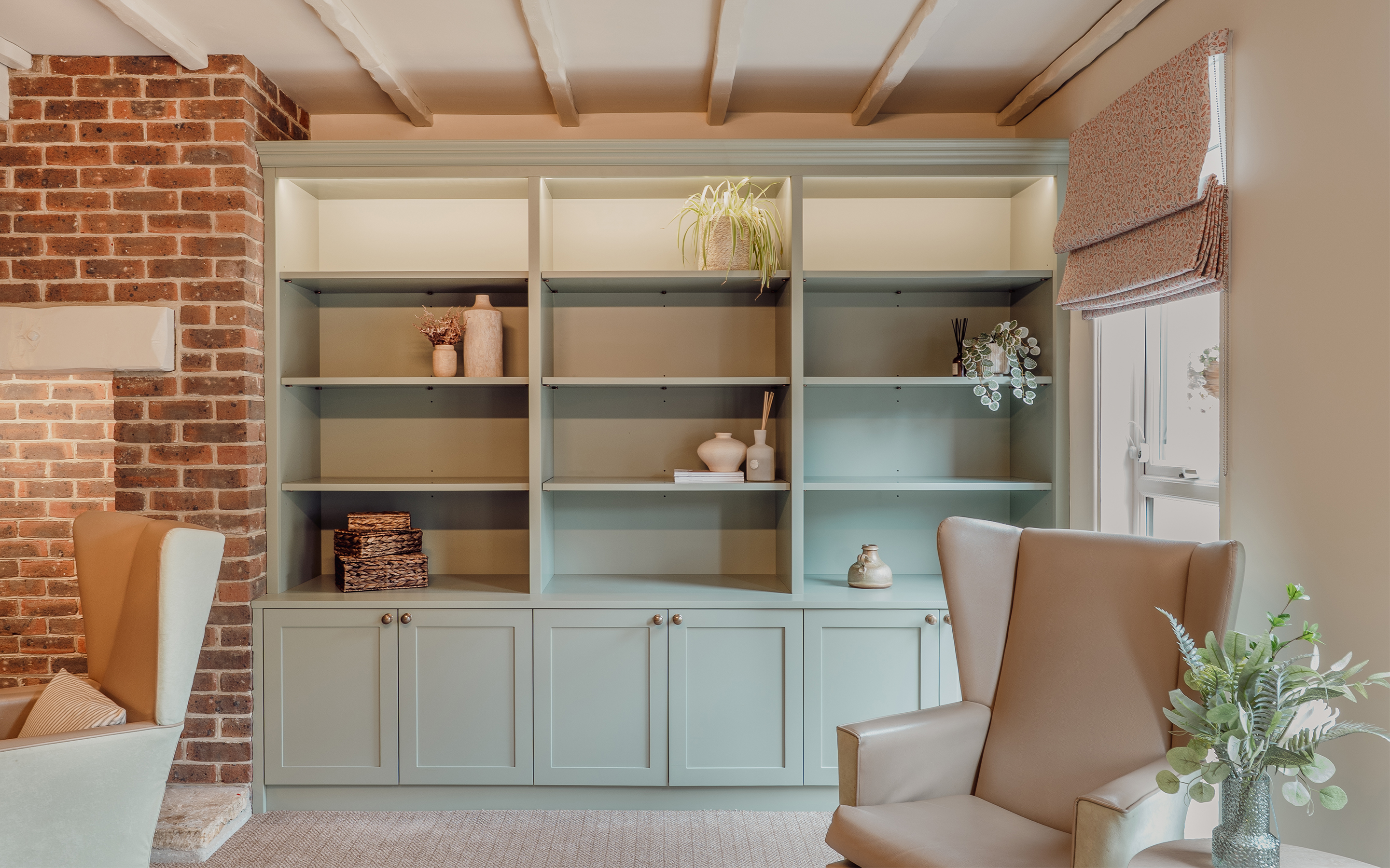 Built in shelving with seating area.