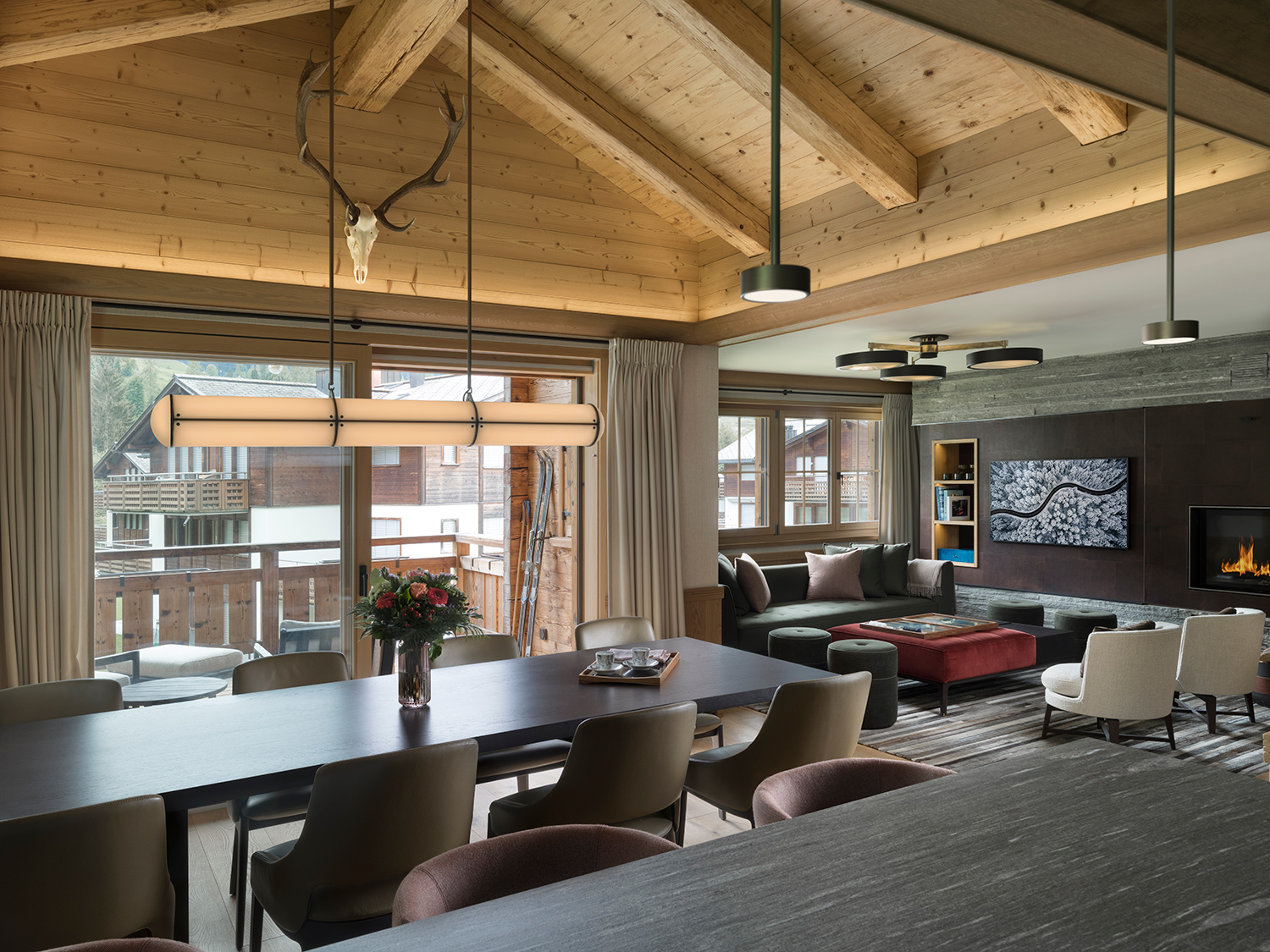 Contemporary Swiss Ski Chalet Lounge & Dining