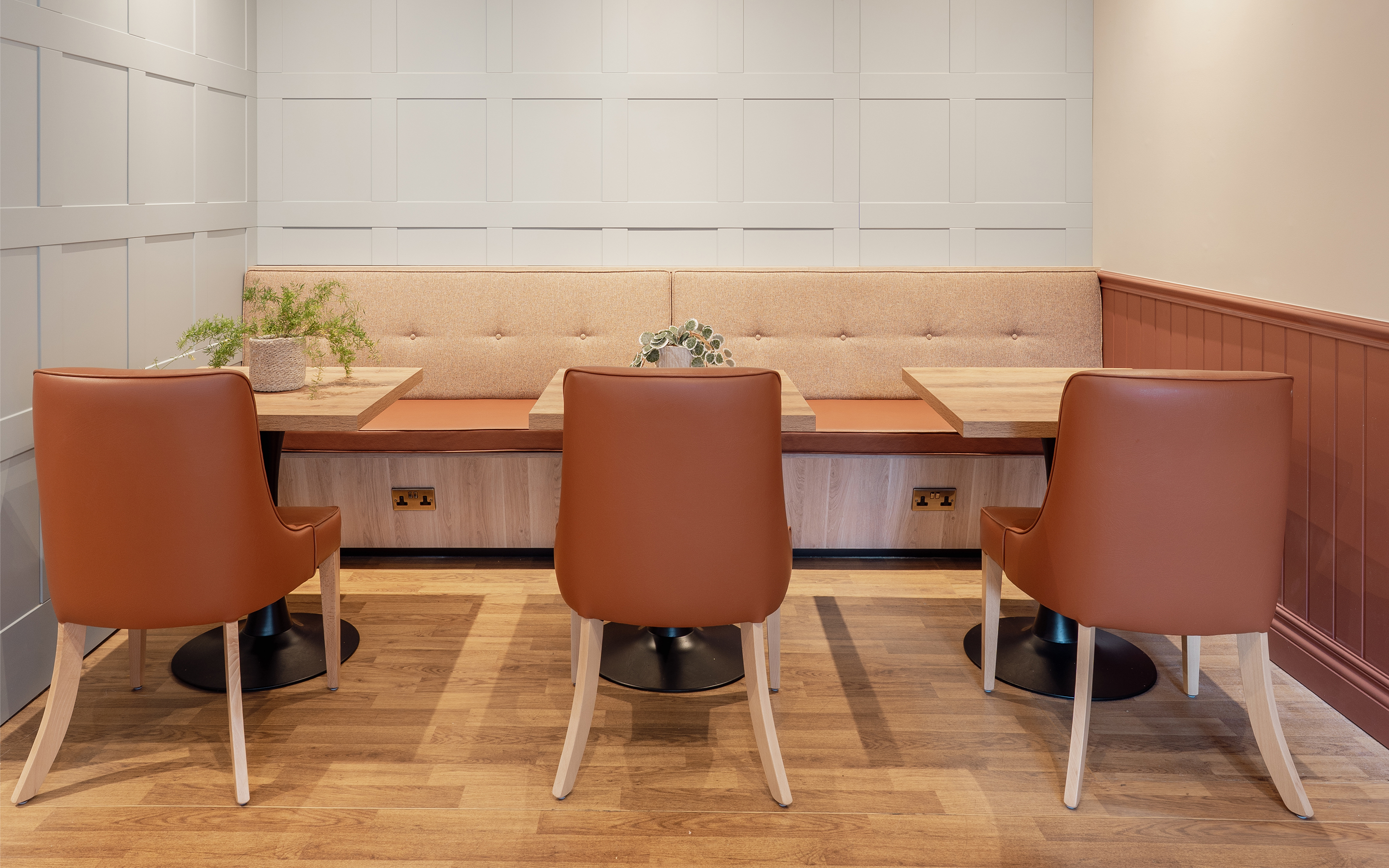 Bench seating with tables.