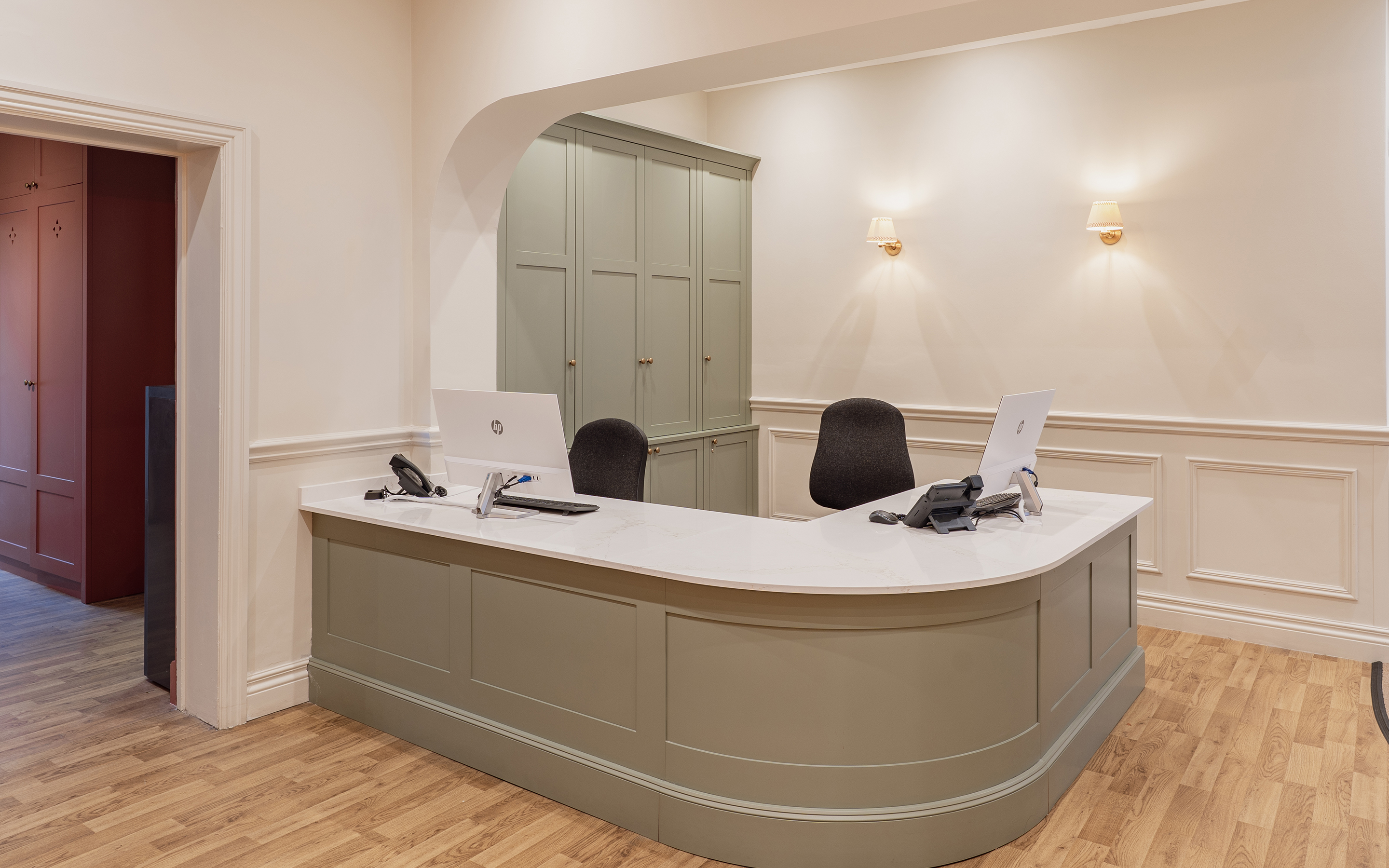 Reception desk with storage.