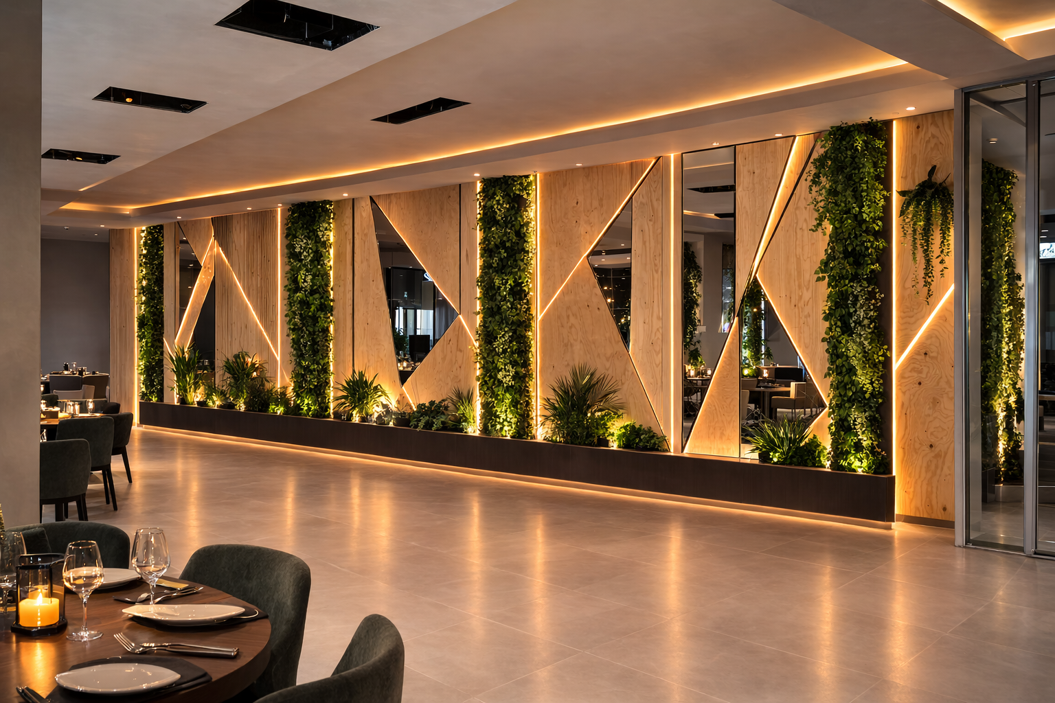 Artificial moss wall décor with LED backlight and mirrors