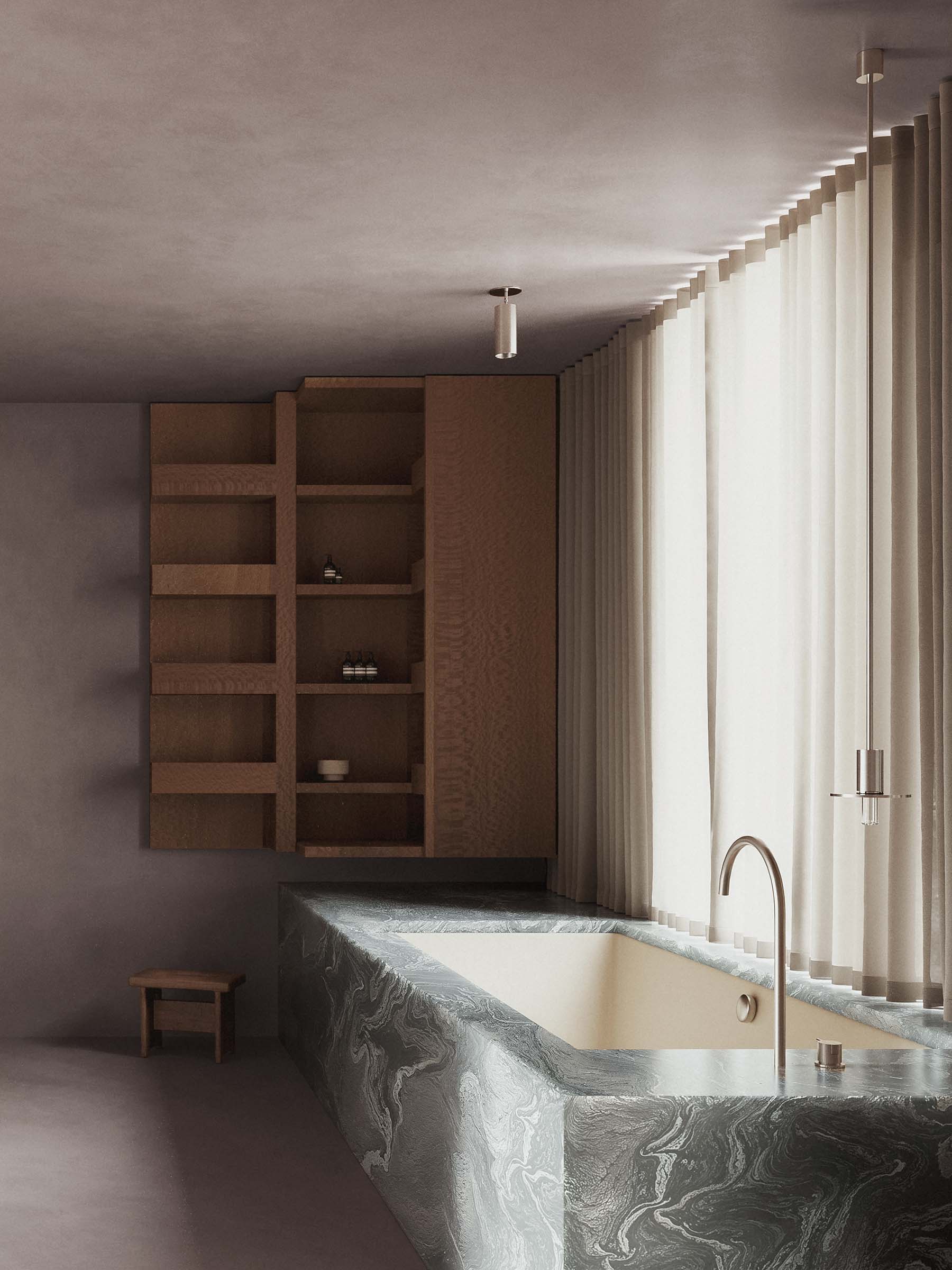 Belsize park house interior design, luxury ensuite bathroom in stone and tadelakt