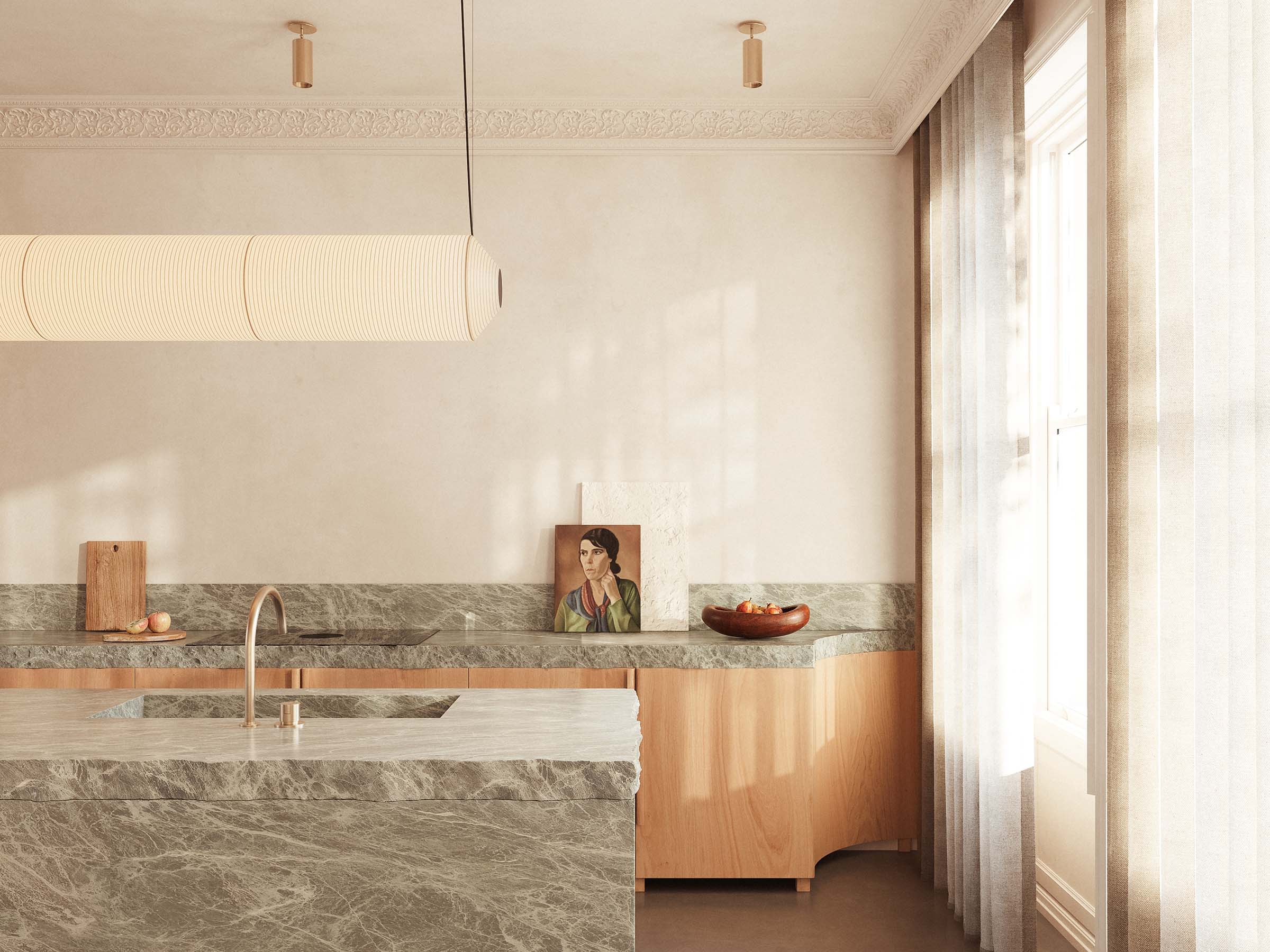 Belsize Park house extension kitchen design in stone and oak with curtains