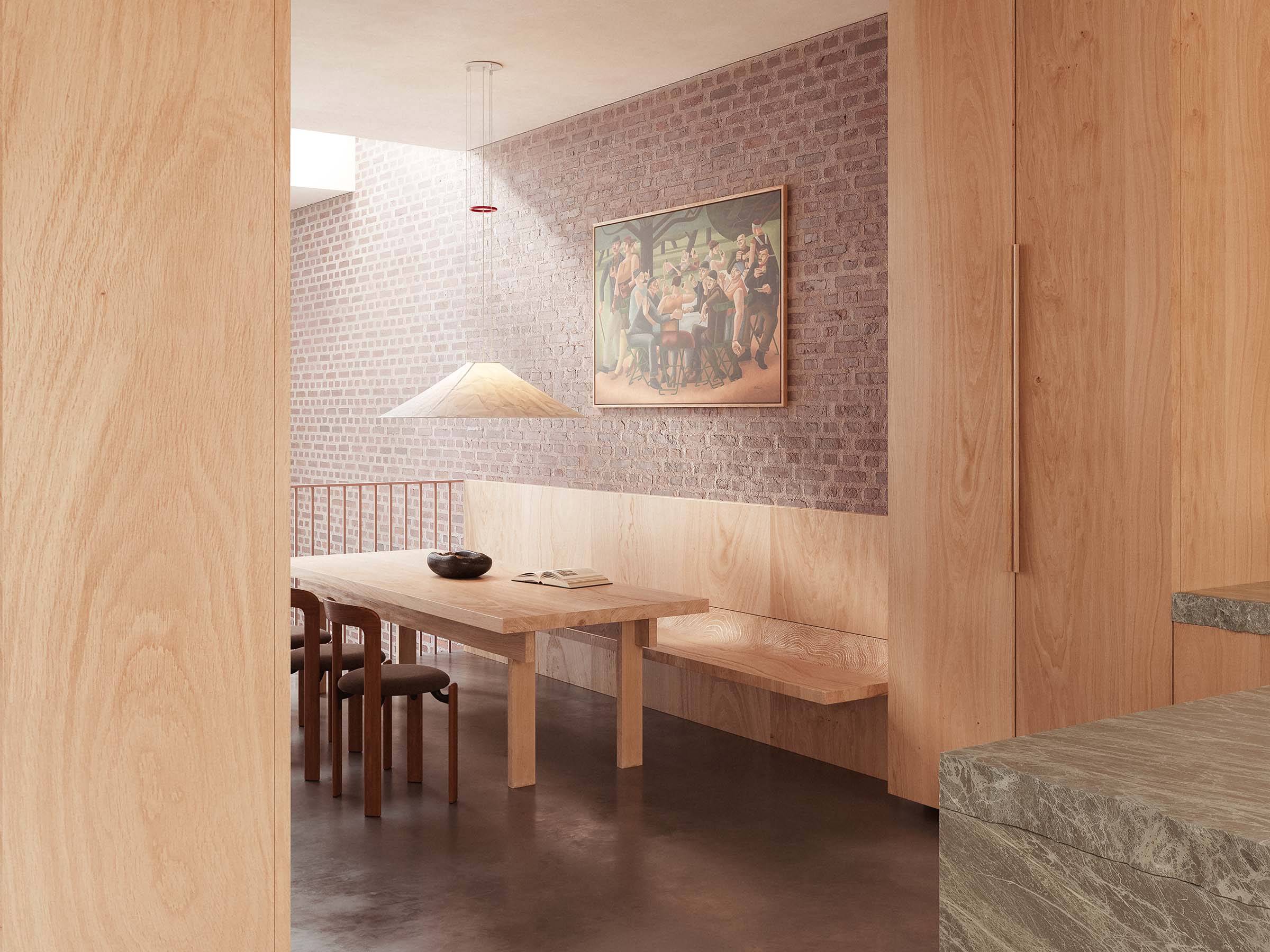 Belsize park house interior design with bespoke kitchen in oak and stone