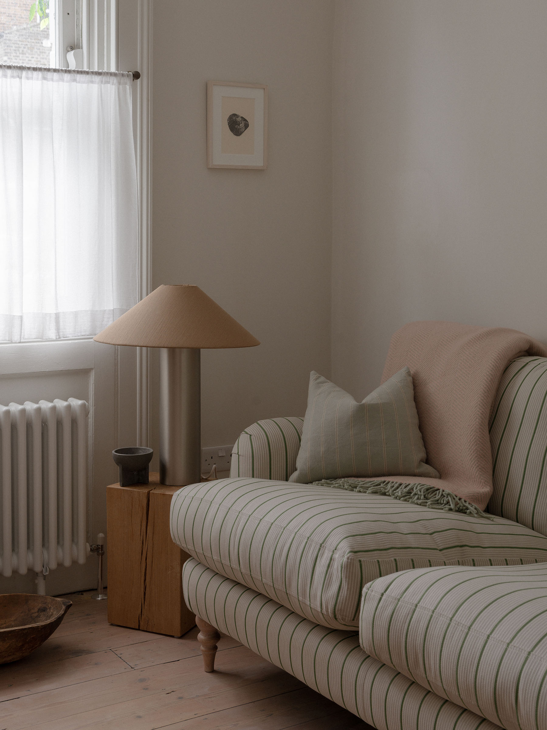 Georgian house modern interior design sofa, oak block and table lamp