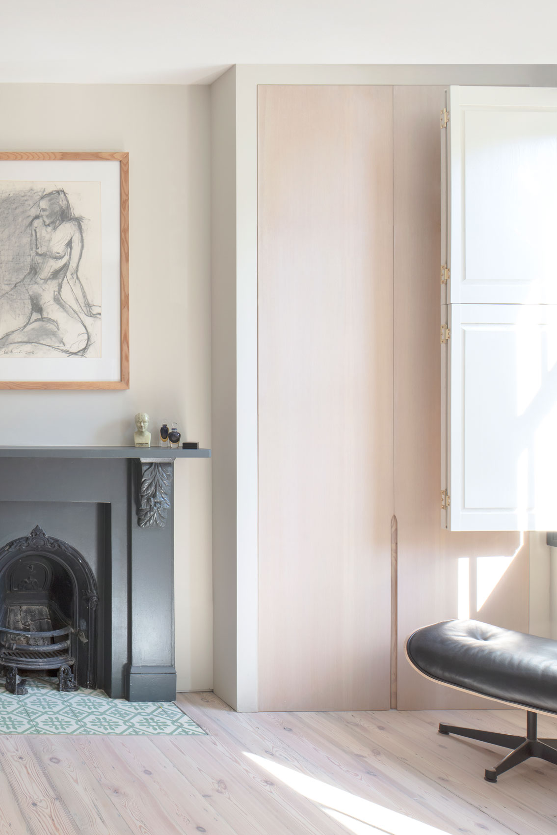 Architect designed bedroom with timber floor in Hammersmith & Fulham