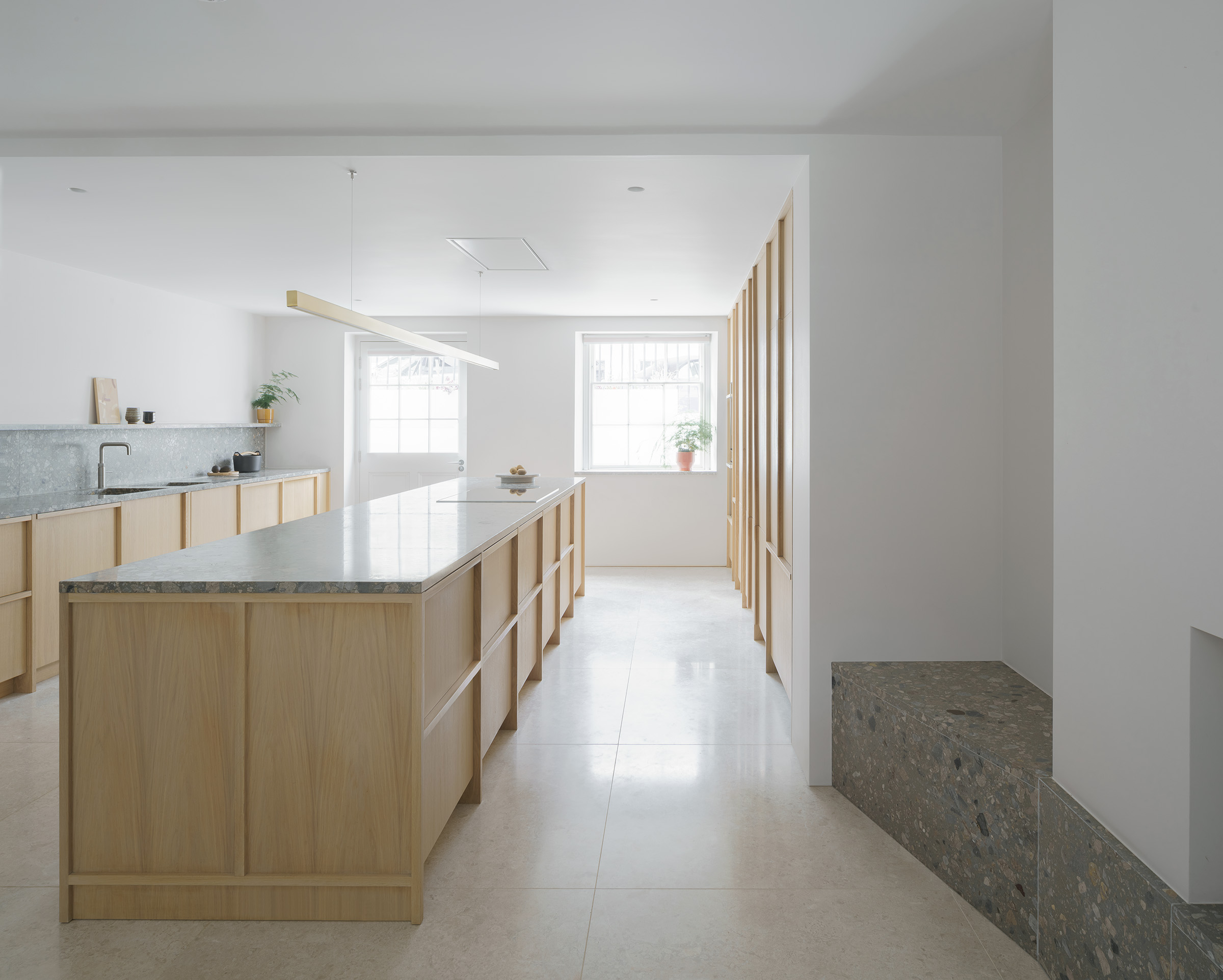 Architect designed modern stone and oak kitchen in Grade II listed house