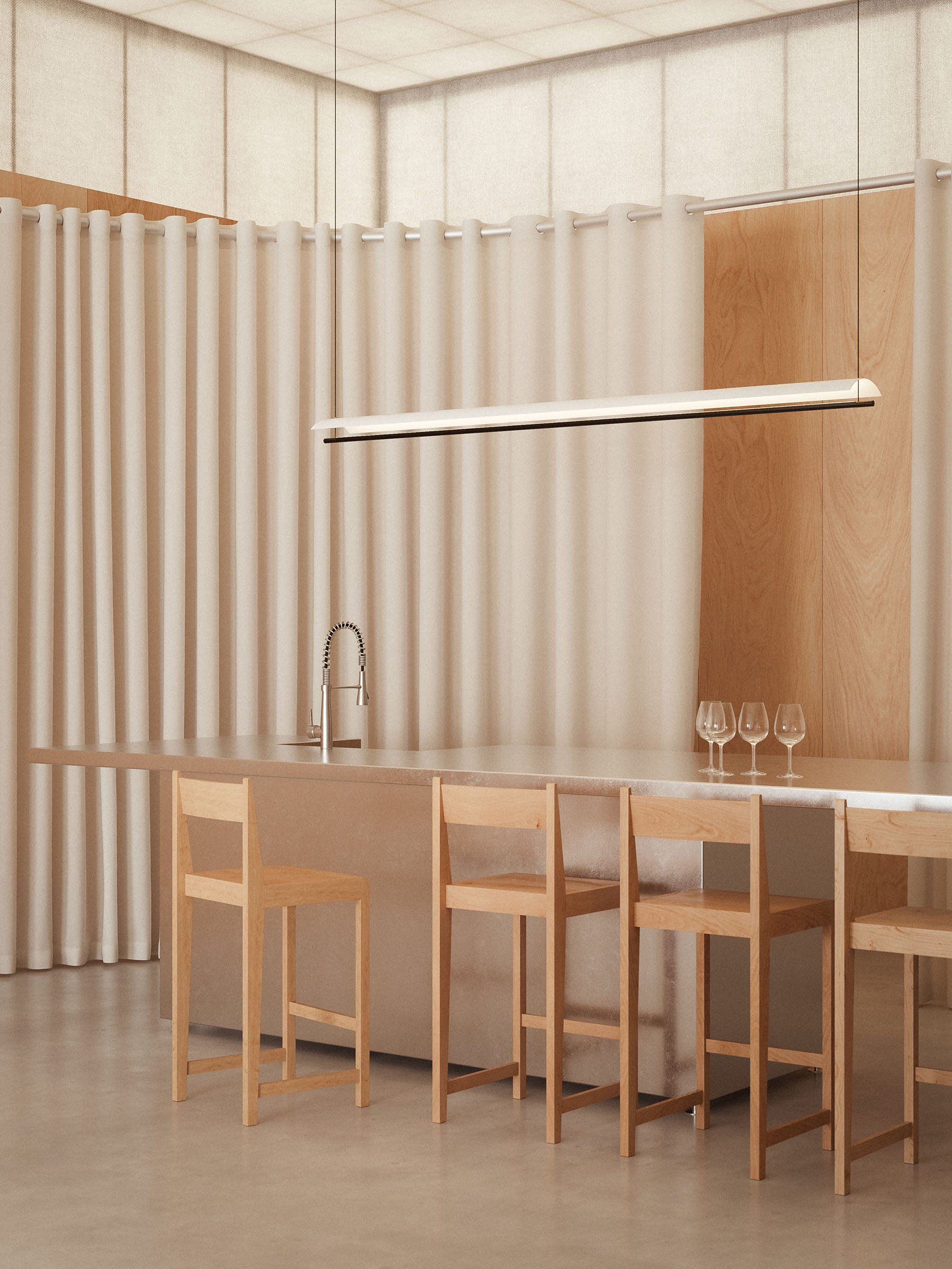 Minimal shop design in London with curtains and wood