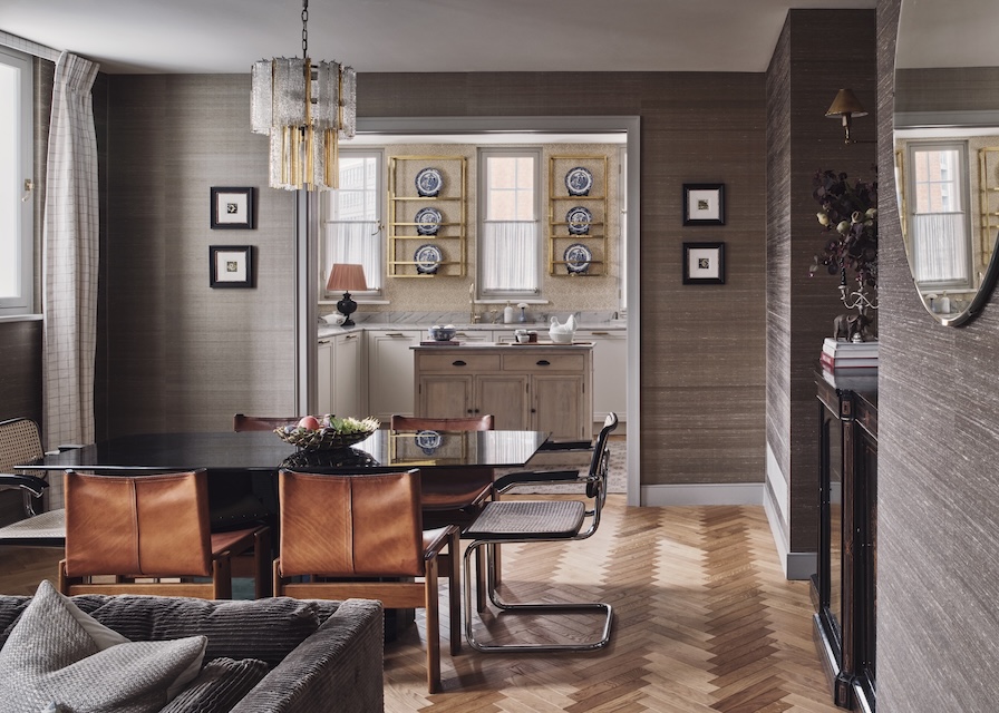 Dining room with B&B Italia table, Scarpa chairs, Venini chandelier, and warm palette