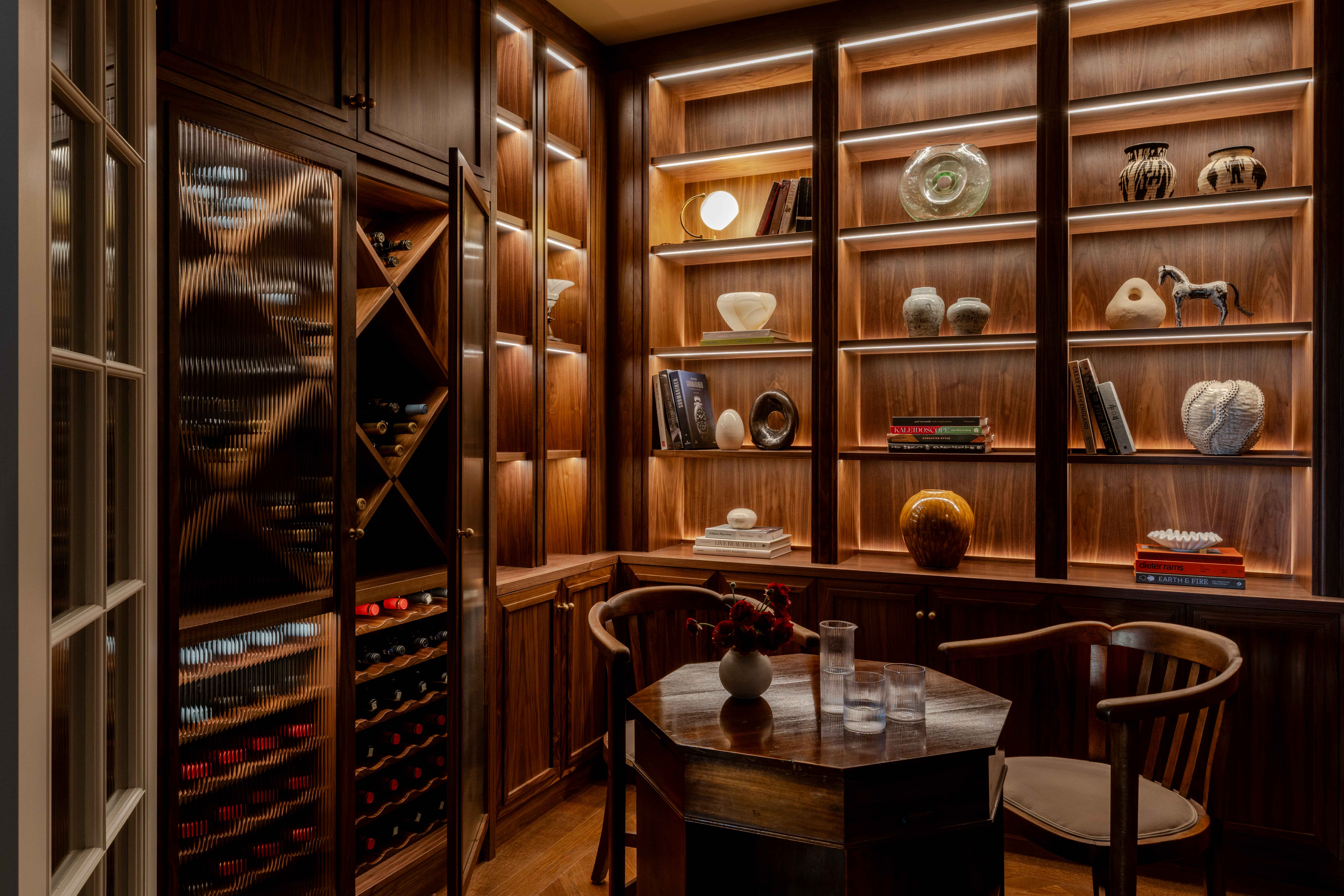 Dark walnut wine store and study