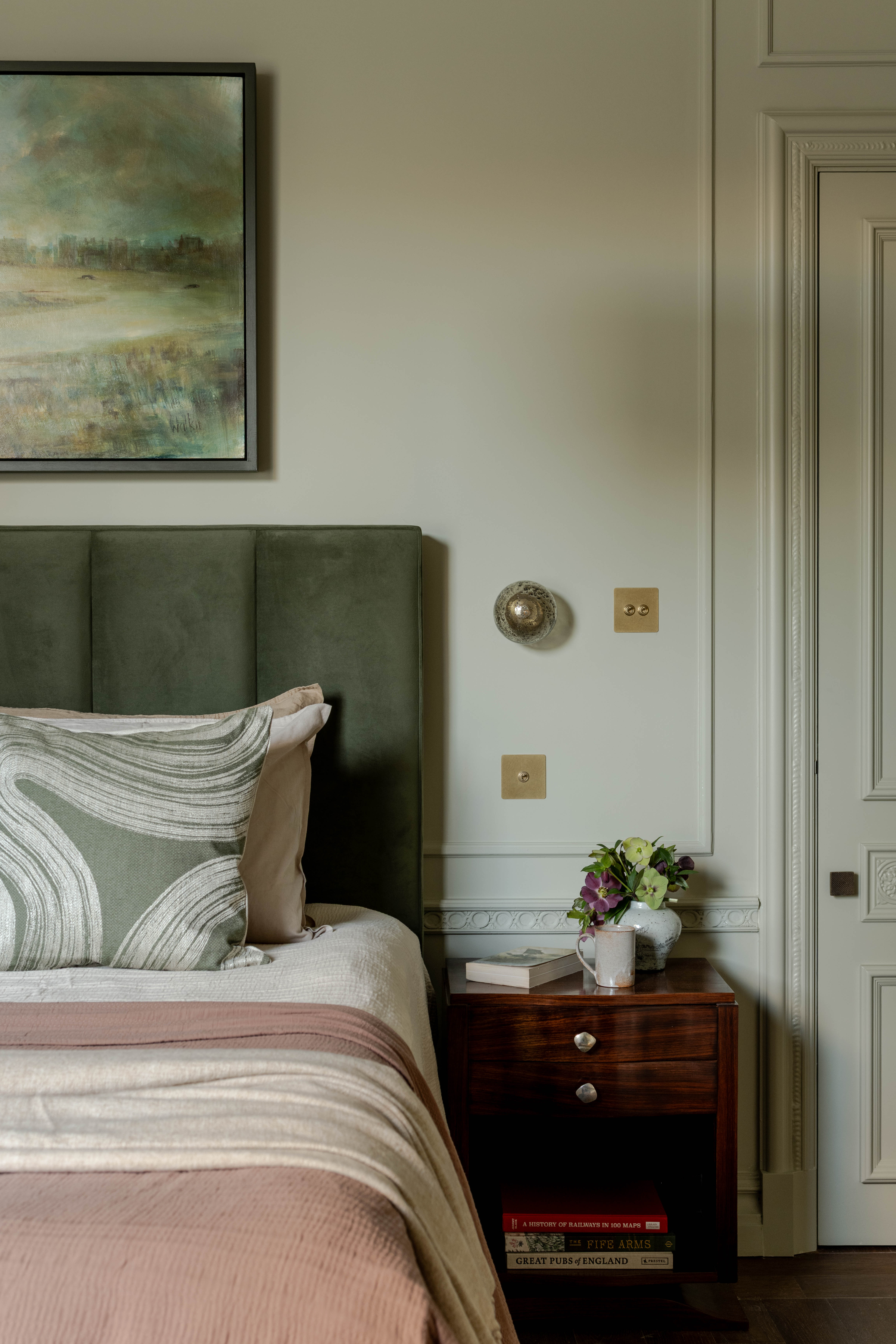 Green bedroom and headboard 