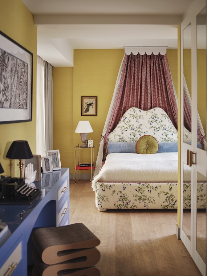 Bedroom in yellow Phillip Jeffries emp wallpaper, custom designed canopy bed