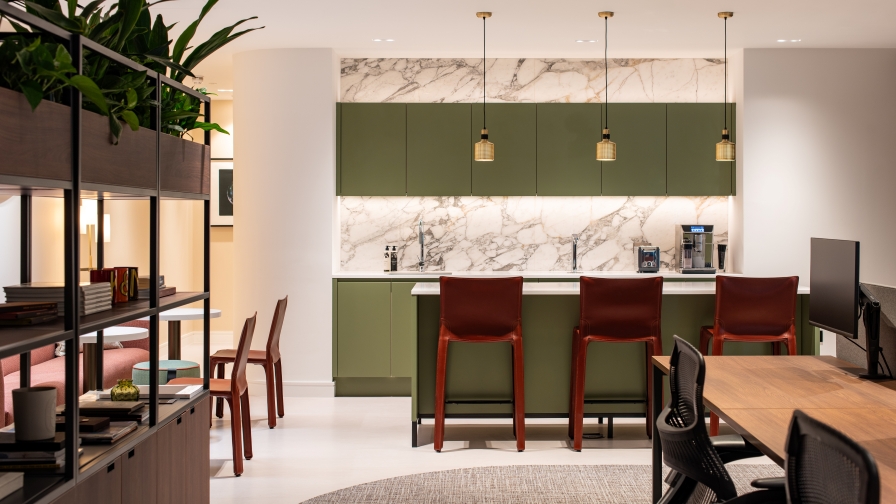 Workspace breakout in sage green, rust red and marble