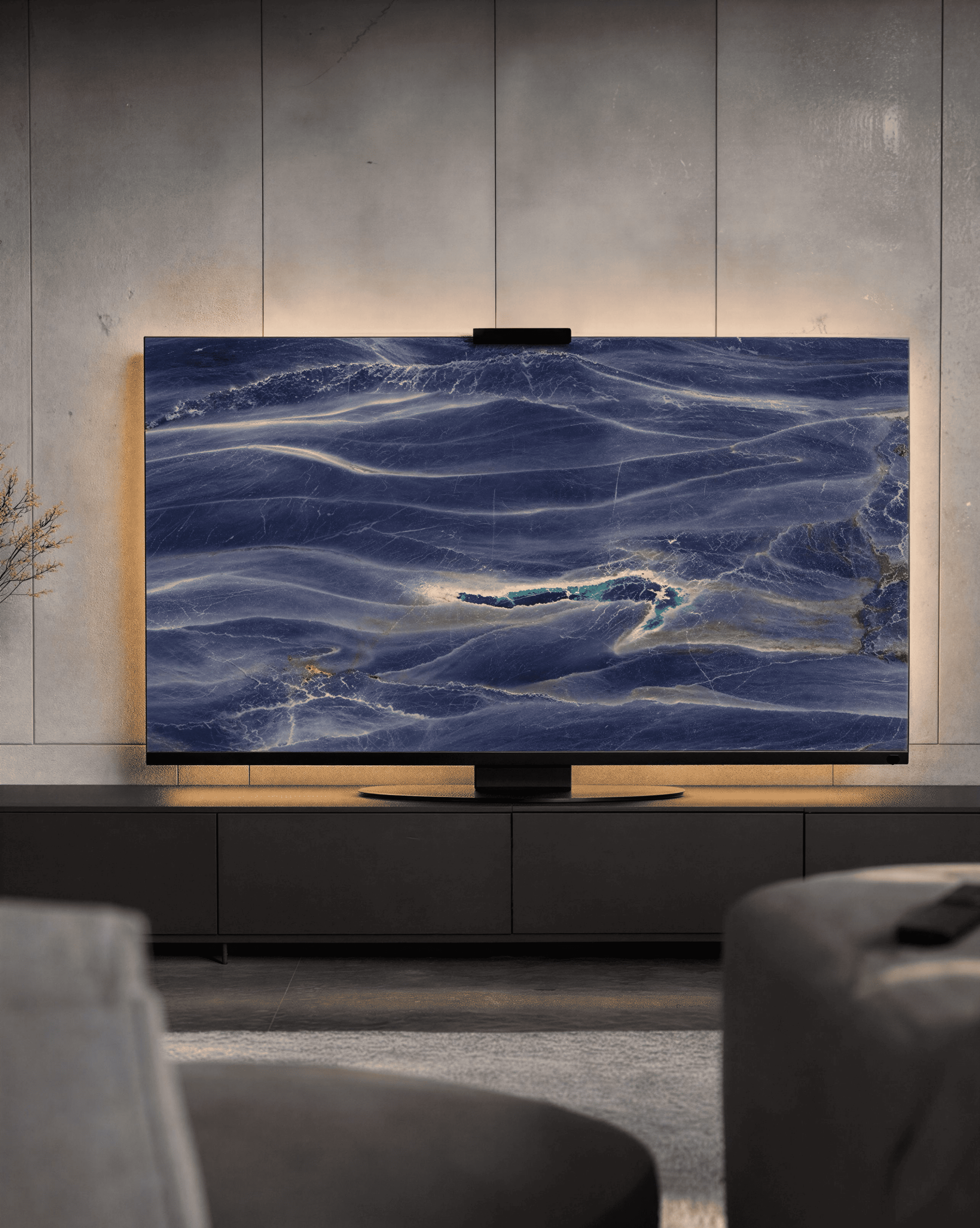 Azul Imperiale Halo Screen in a modern living room with warm halo backlight and calm blue linear movement.