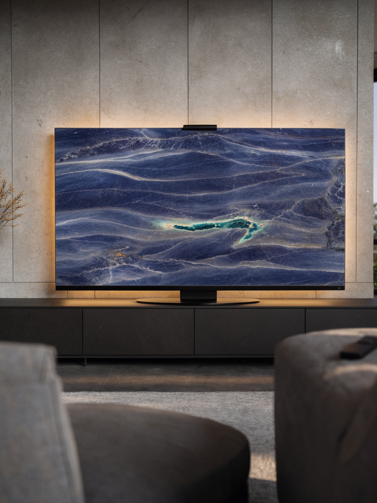 Azul Imperiale quartzite Halo Screen in a modern living room with warm halo backlight and calm blue linear movement.