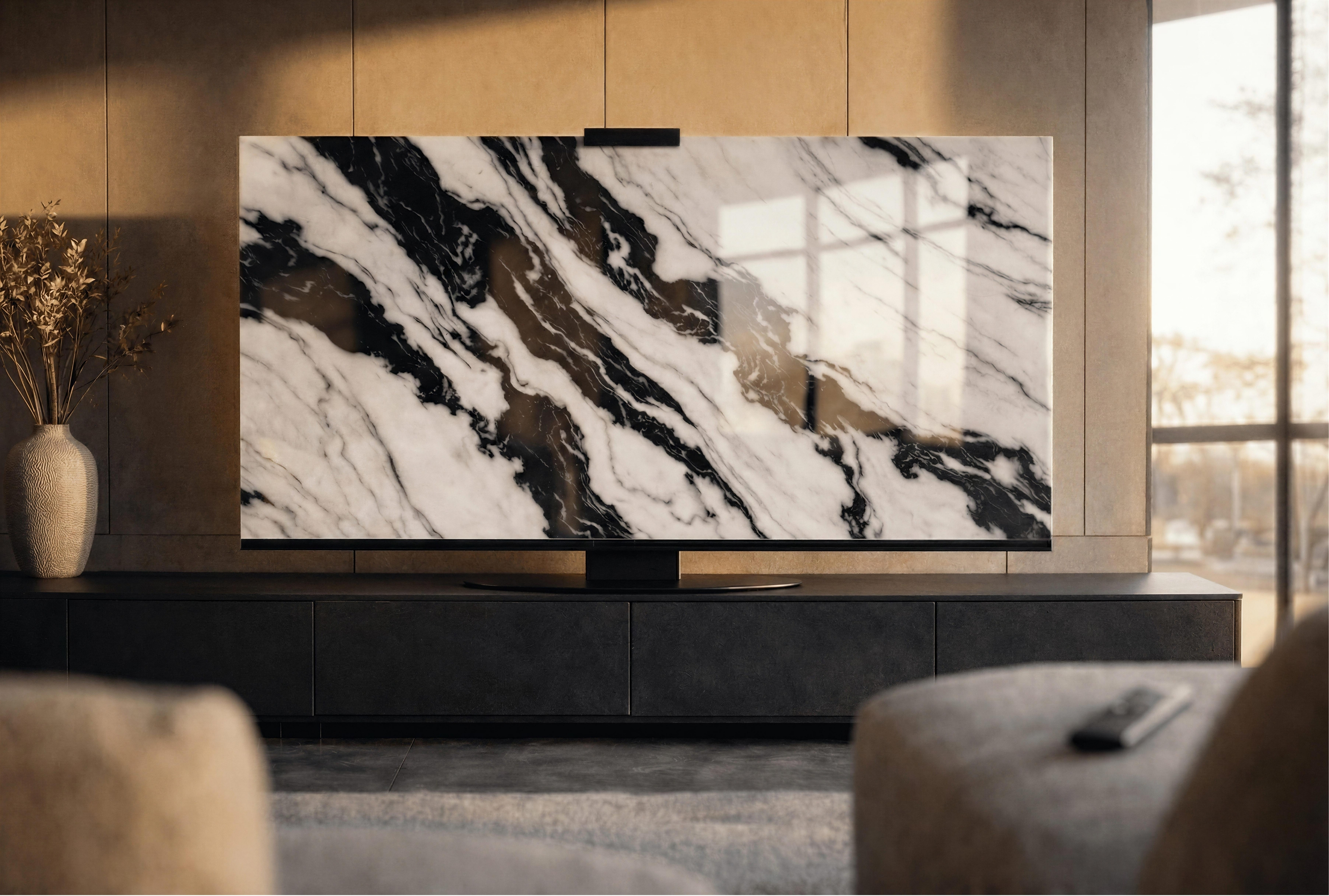 Panda White marble Halo Screen at night with warm halo backlight, bold black veining, and a sculptural presence in a moody living room.