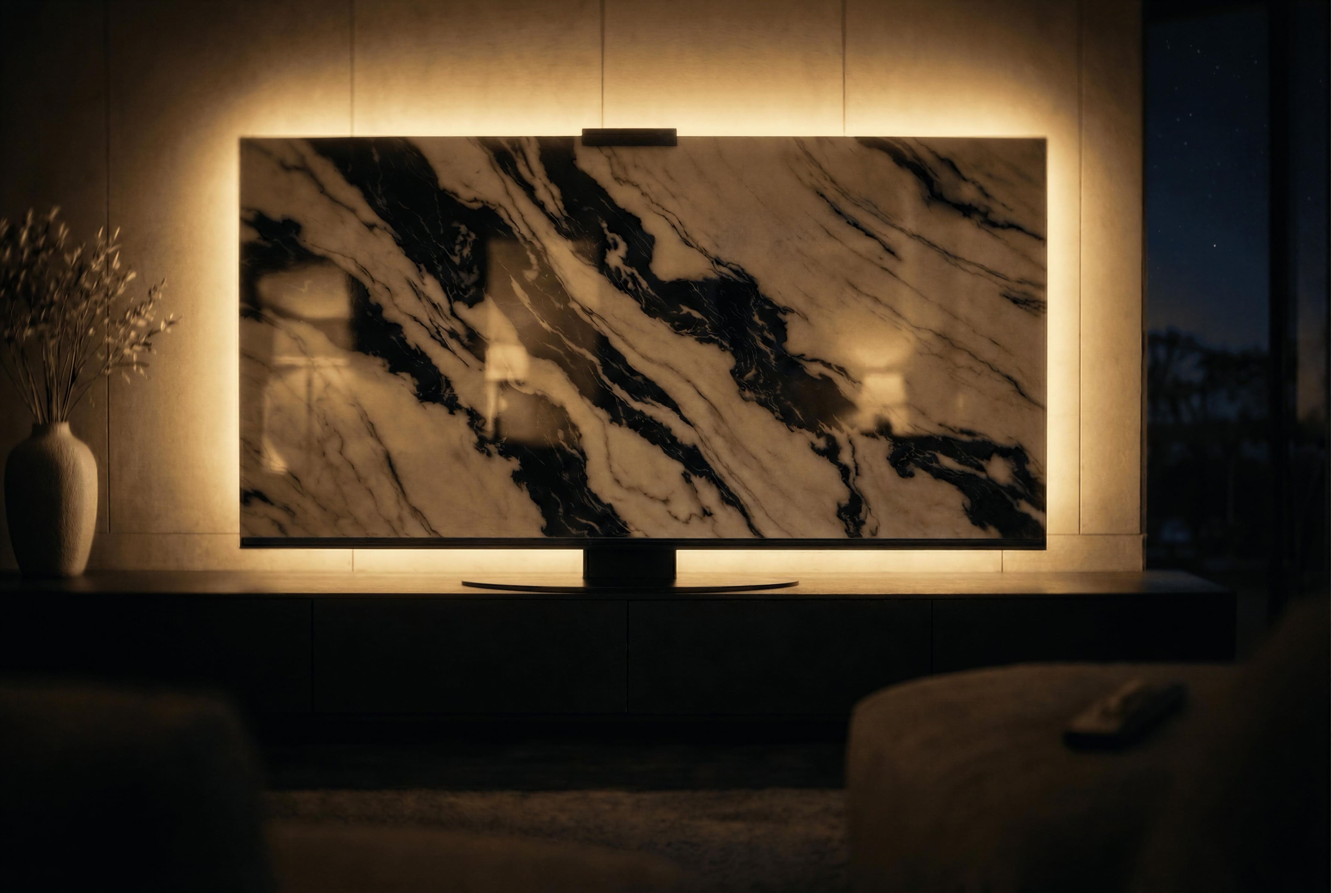 Panda White marble Halo Screen at night with warm halo backlight, bold black veining, and a sculptural presence in a moody living room.