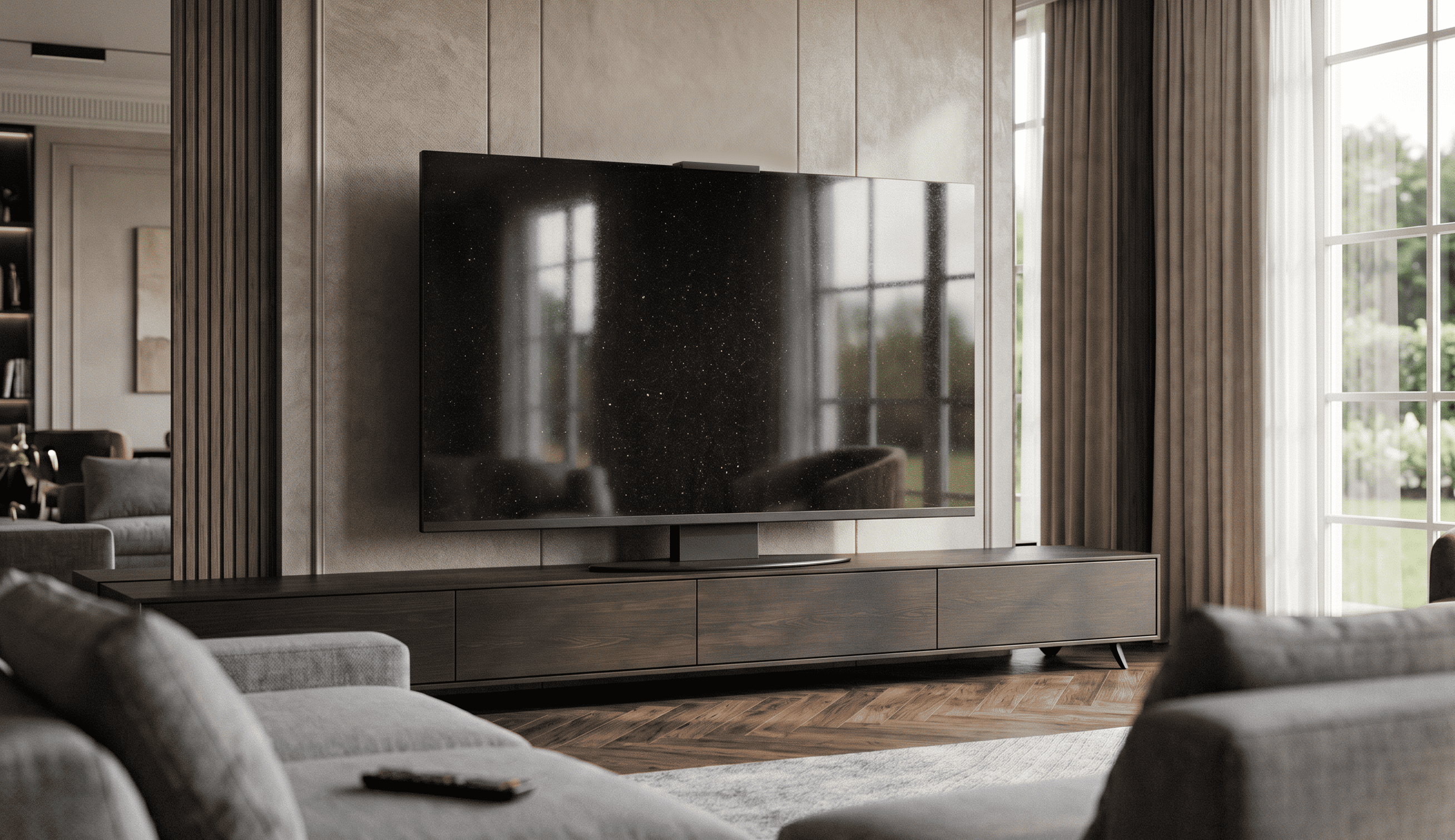 Nero Galassia granite Halo Screen in a modern living room during daylight, with a polished black surface, subtle metallic flecks, and soft window reflections.