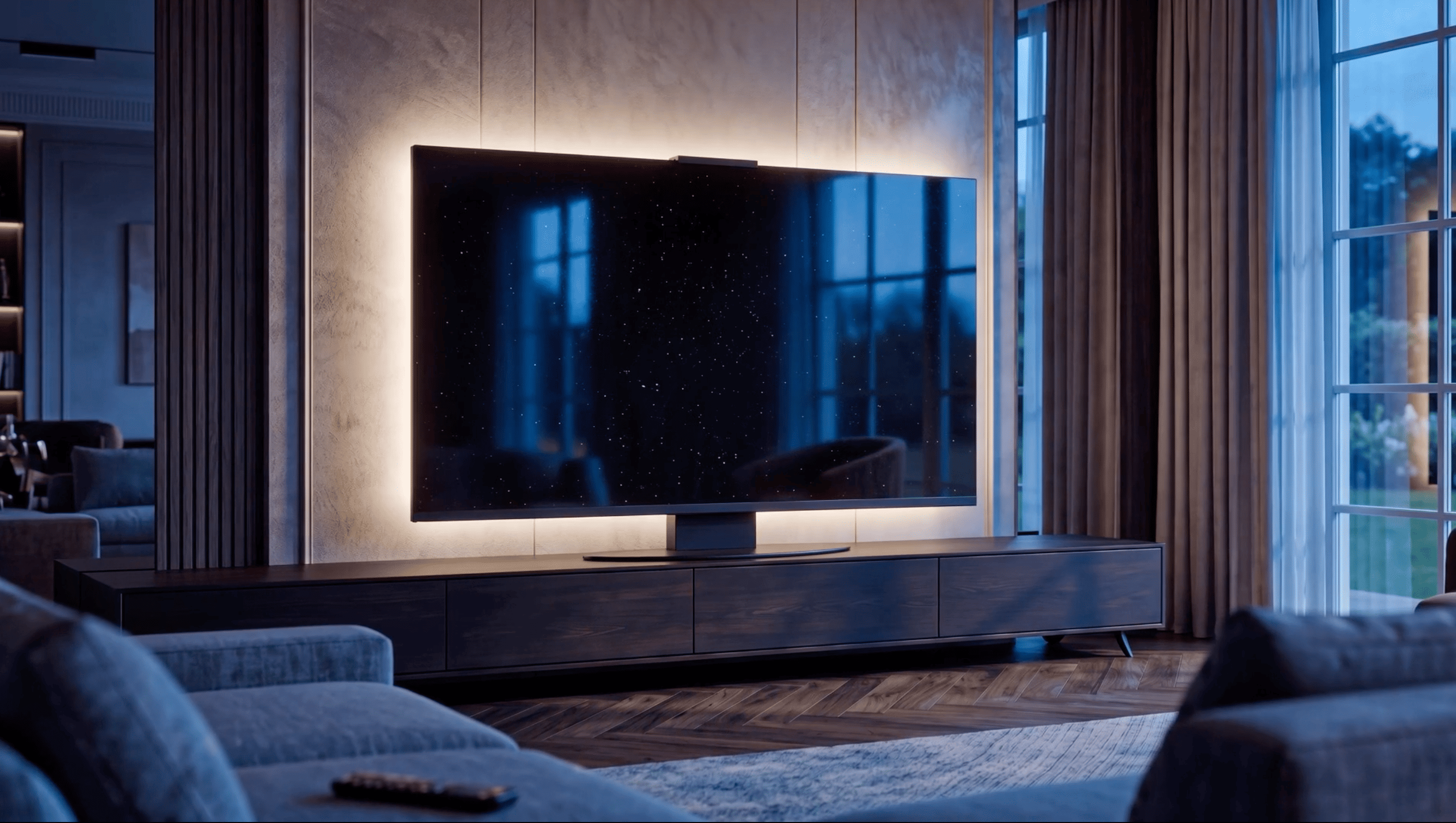 Nero Galassia granite Halo Screen in a modern living room during evening time, with a polished black surface, subtle metallic flecks, and soft window reflections.